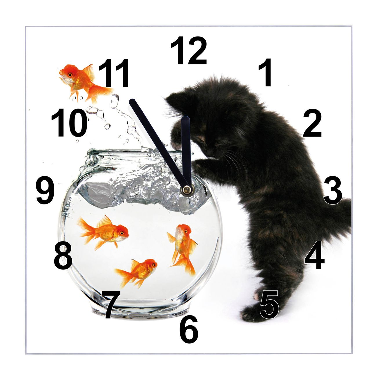 banjado Wanduhr aus echtem Glas mit Motiv Katze Und Fisch, geräuscharme Wanduhr modern, 30x30cm quadratisch als Wanduhr Küche, Wohnzimmer Uhr, Uhr Flur