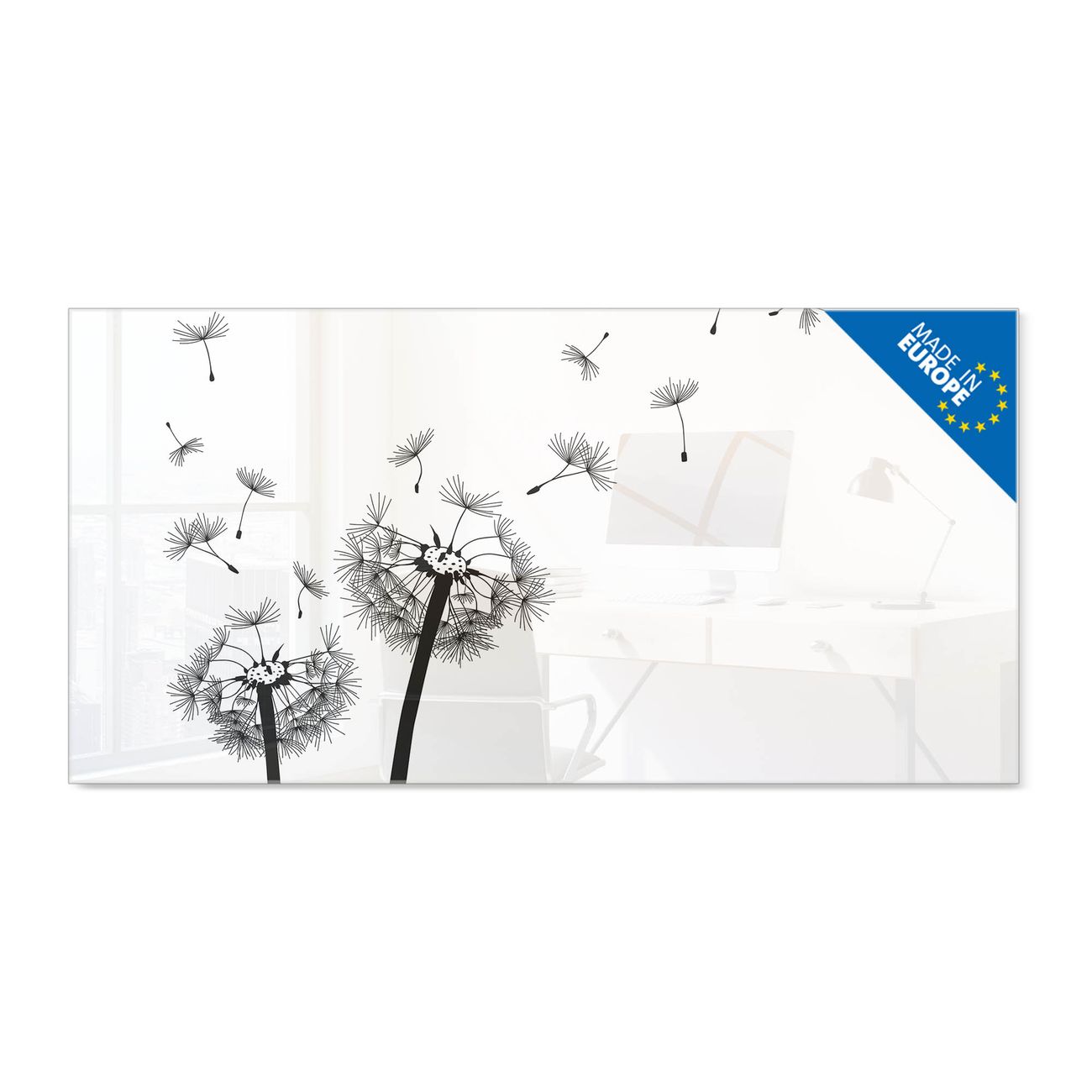 banjado Glas Magnettafel Motiv Pusteblume 2 120 x 60 cm rahmenlos & hochwertig, Querformat, magnetisch & beschreibbar, 4mm starkes ESG Glas