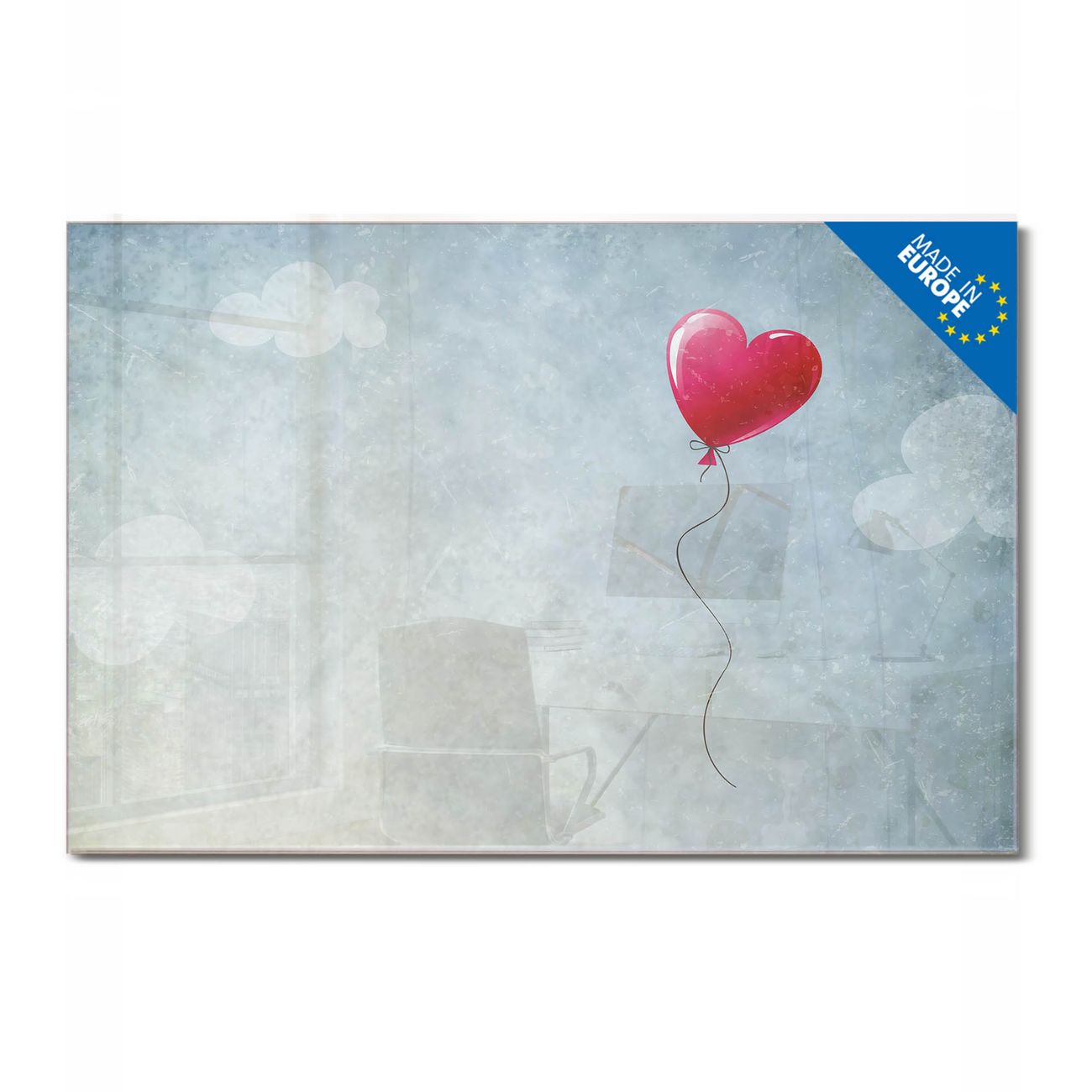 banjado Glas Magnettafel Motiv Herzballon 75 x 50 cm rahmenlos & hochwertig, Querformat, magnetisch & beschreibbar, 4mm starkes ESG Glas