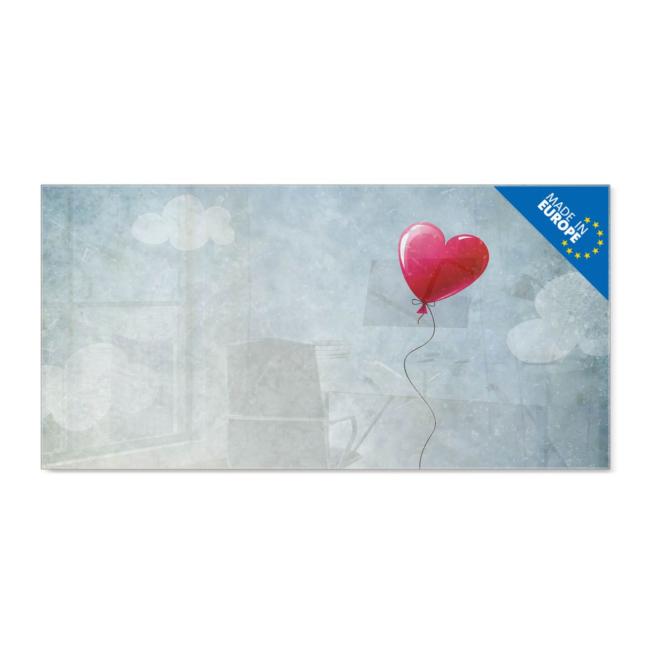 banjado Glas Magnettafel Motiv Herzballon 110 x 55 cm rahmenlos & hochwertig, Querformat, magnetisch & beschreibbar, 4mm starkes ESG Glas