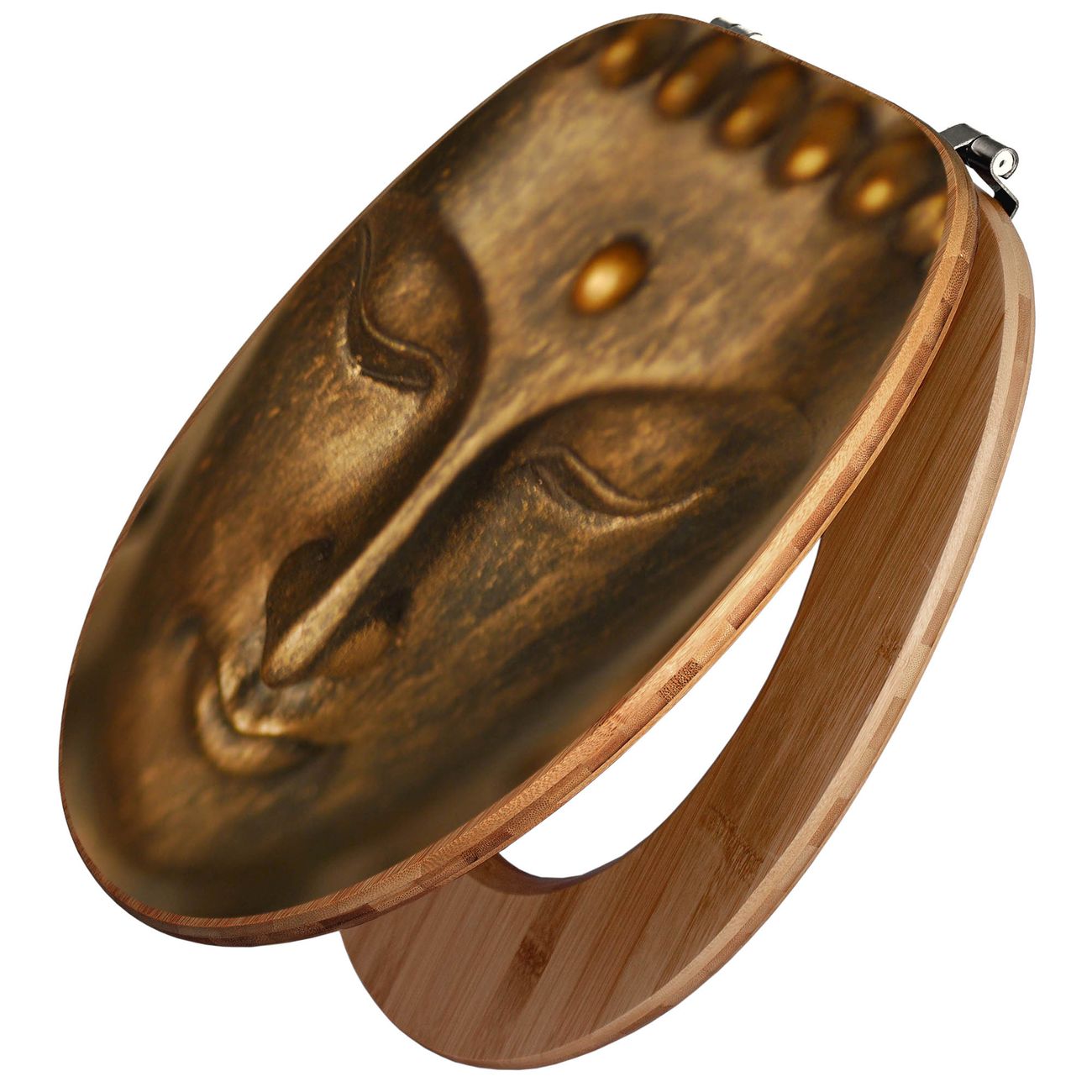 banjado WC Sitz aus Bambus Holz, Design Toilettendeckel, Toilettensitz mit Motiv Buddha Gold, hochwertiger Klodeckel für alle gängigen Toiletten