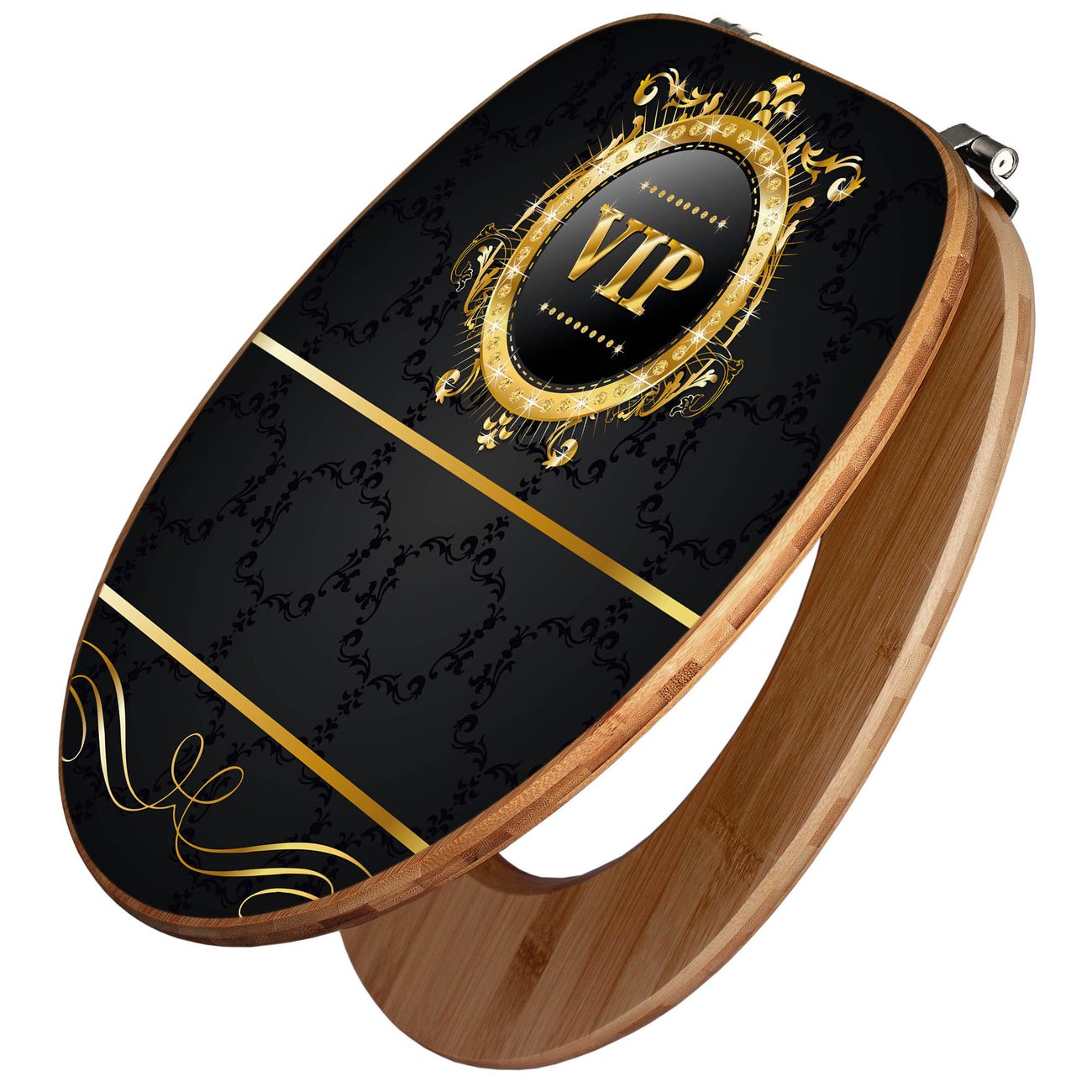banjado WC Sitz aus Bambus Holz, Design Toilettendeckel, Toilettensitz mit Motiv VIP, hochwertiger Klodeckel mit Universal Scharnieren