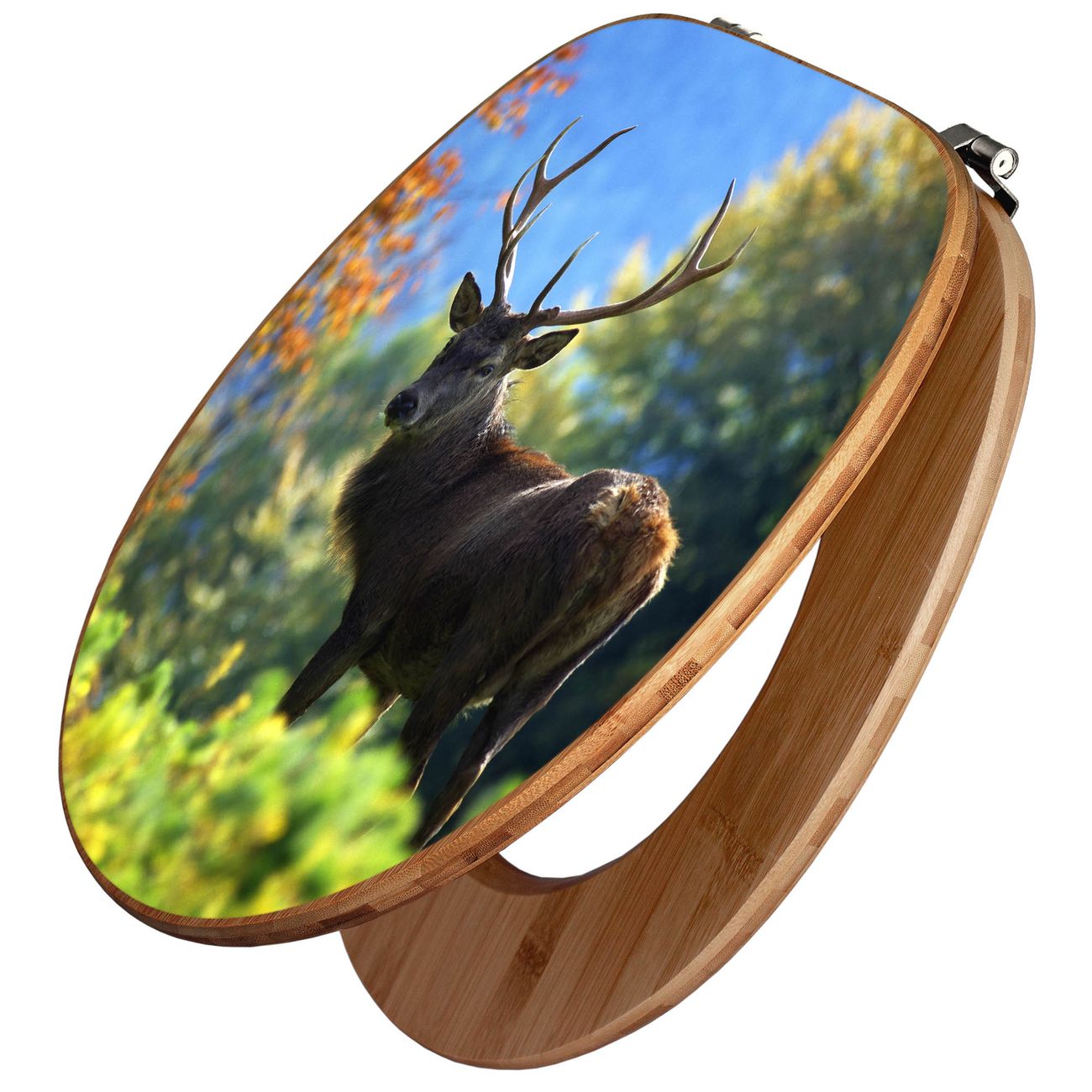 banjado WC Sitz aus Bambus Holz, Design Toilettendeckel, Toilettensitz mit Motiv Hirsch, hochwertiger Klodeckel für alle gängigen Toiletten