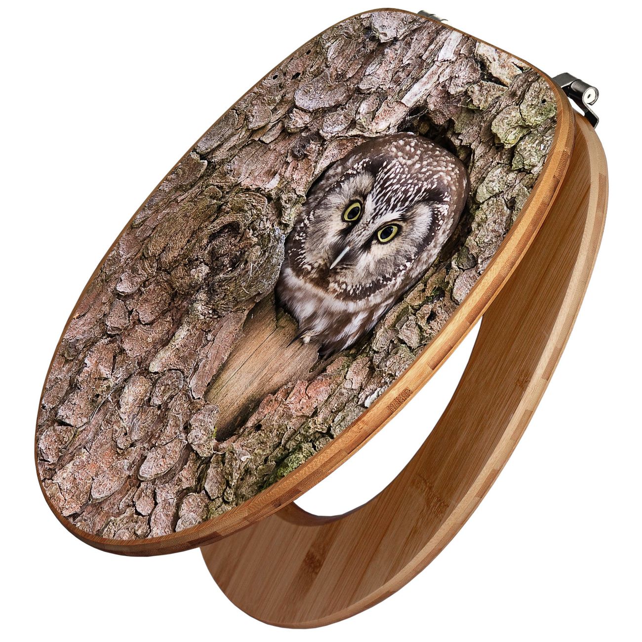 banjado WC Sitz aus Bambus Holz, Design Toilettendeckel, Toilettensitz mit Motiv Eule, hochwertiger Klodeckel mit Universal Scharnieren