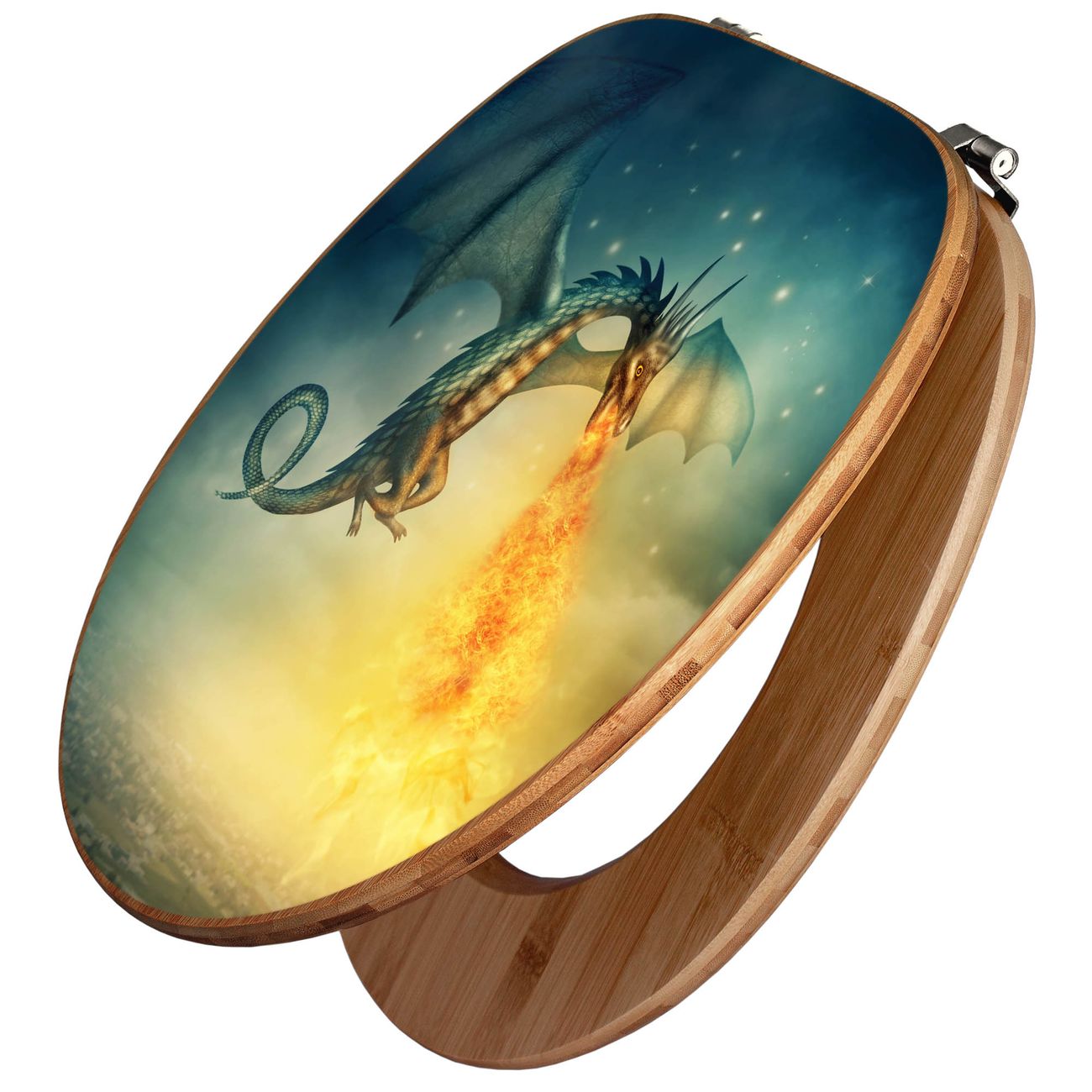 banjado WC Sitz aus Bambus Holz, Design Toilettendeckel, Toilettensitz mit Motiv Drachen, hochwertiger Klodeckel für alle gängigen Toiletten