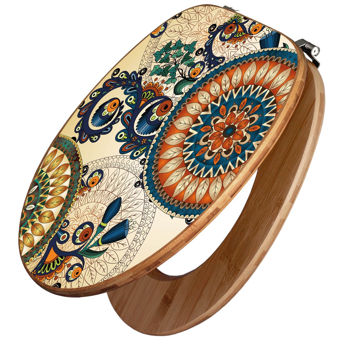 banjado WC Sitz aus Bambus Holz, Design Toilettendeckel, Toilettensitz mit Motiv Mandala, hochwertiger Klodeckel mit Universal Scharnieren