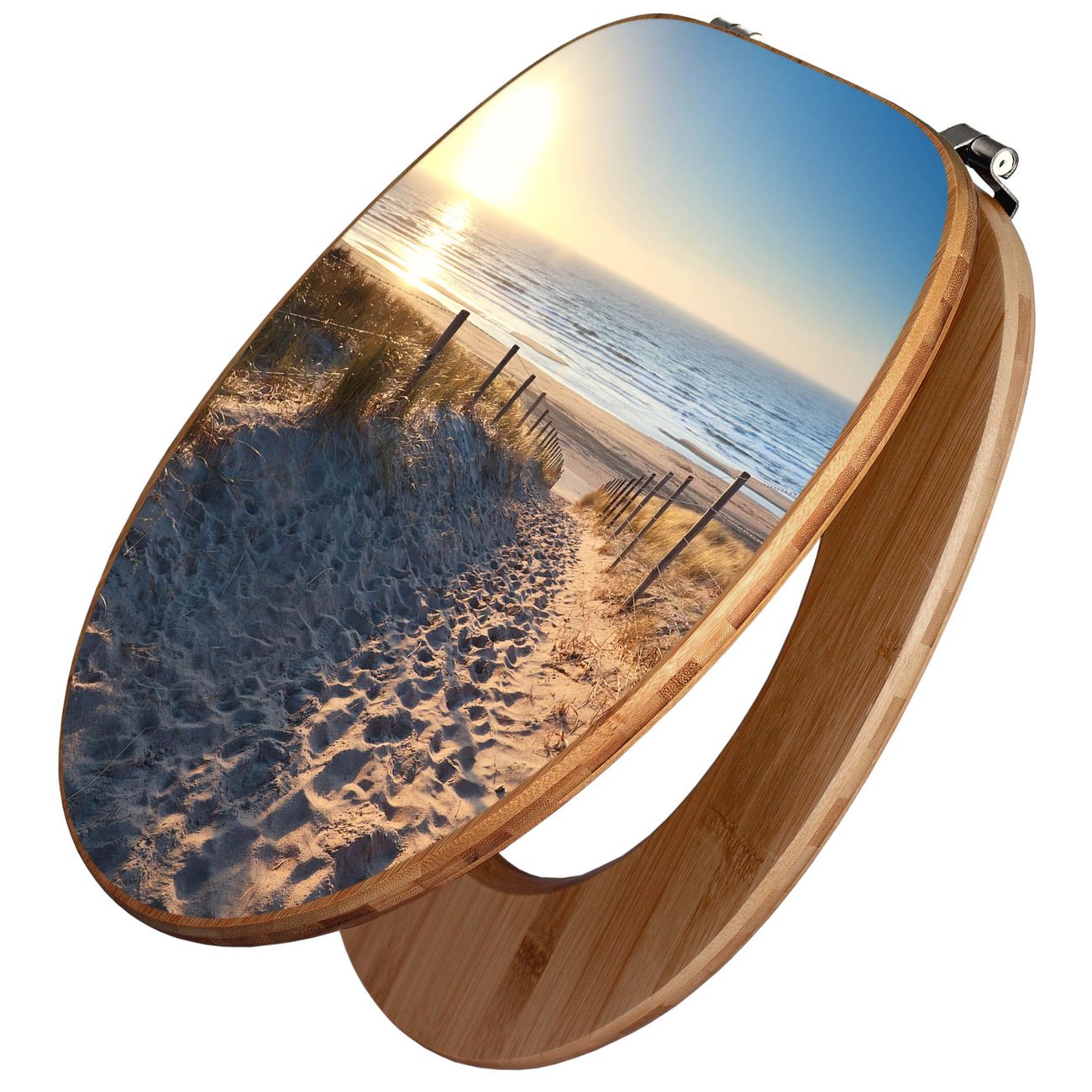 banjado WC Sitz aus Bambus Holz, Design Toilettendeckel, Toilettensitz mit Motiv Nordseestrand, hochwertiger Klodeckel für alle gängigen Toiletten
