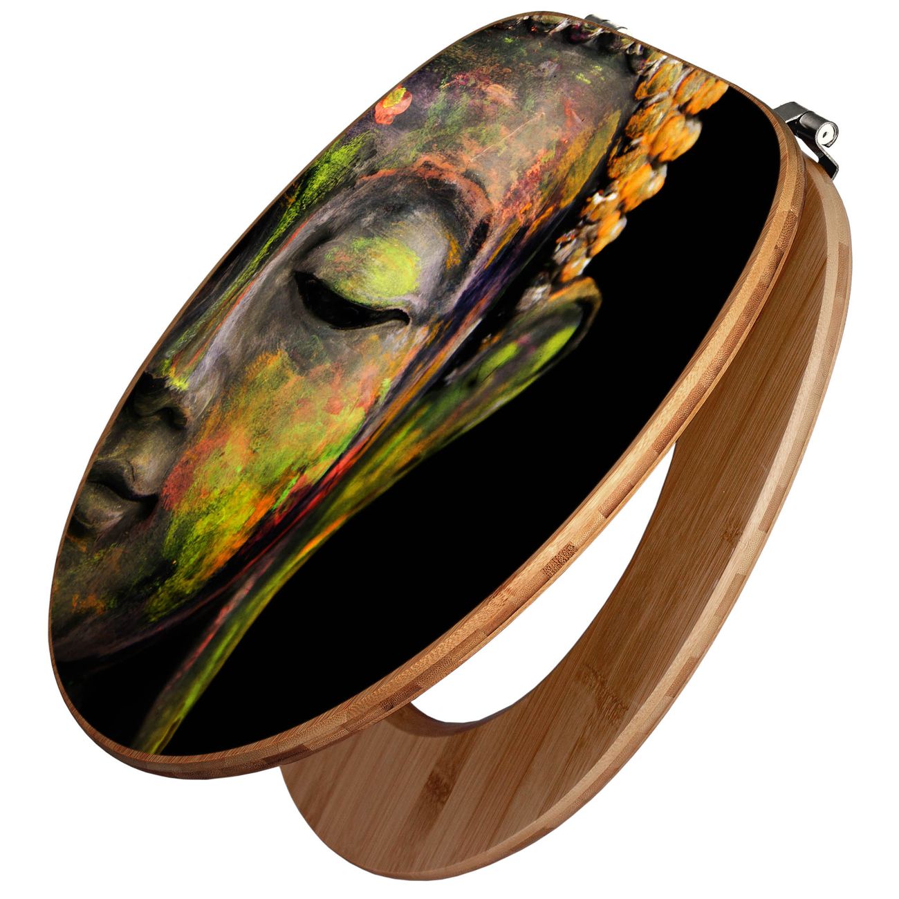 banjado WC Sitz aus Bambus Holz, Design Toilettendeckel, Toilettensitz mit Motiv Bunter Buddha, hochwertiger Klodeckel für alle gängigen Toiletten