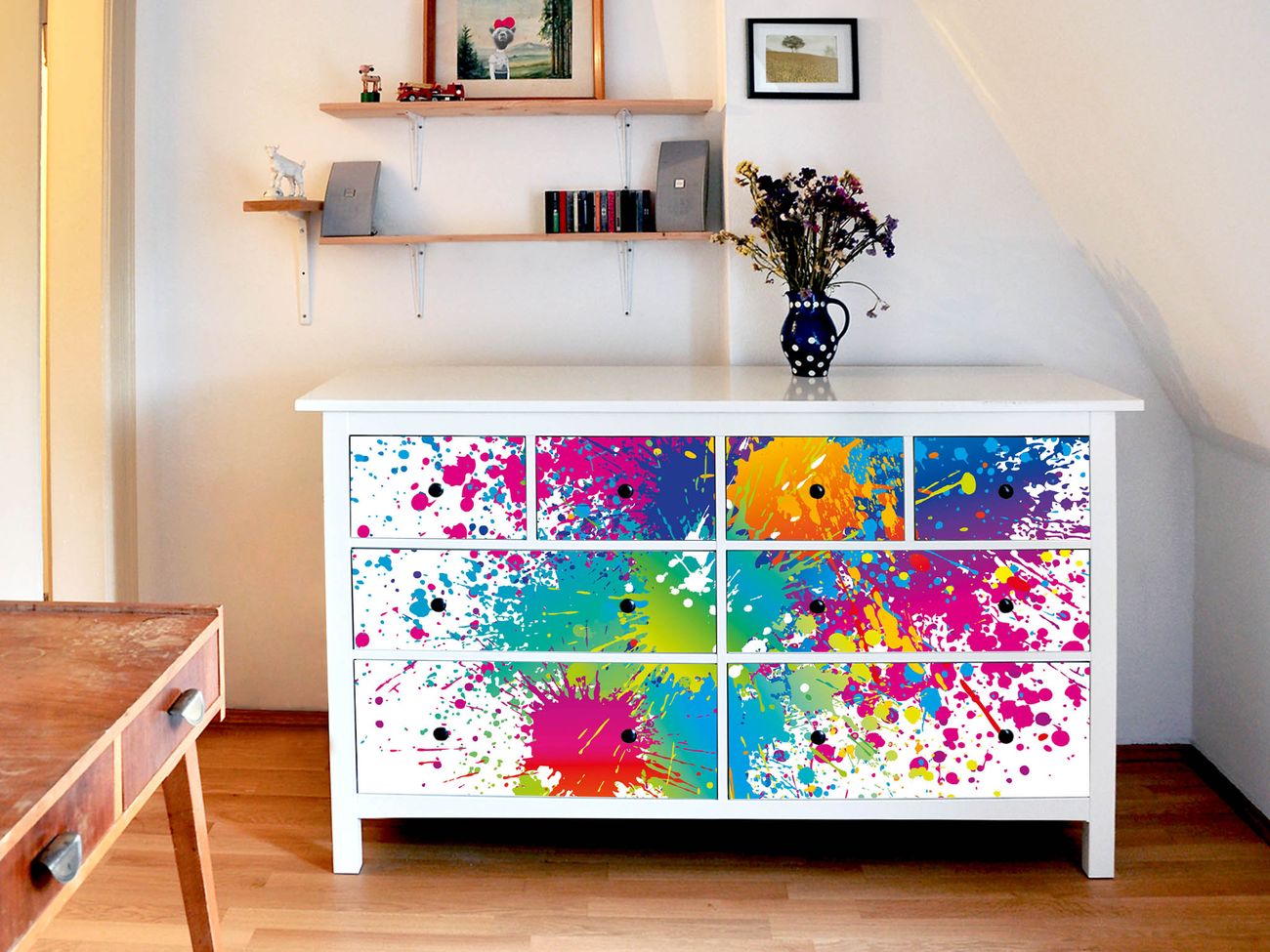 banjado Möbelsticker für IKEA HEMNES mit Motiv Farbspritzer selbstklebend Kommode 8 Schubladen Möbel-Tattoo Sticker Klebefolie Schrankfolien Dekorfolie