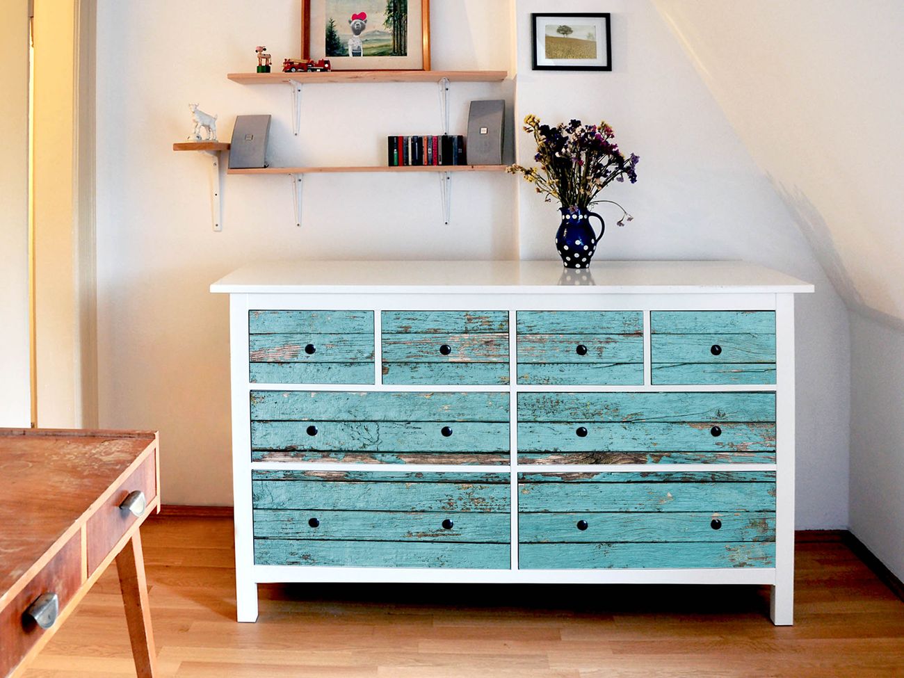 banjado Möbelsticker für IKEA HEMNES mit Motiv Holz Blau selbstklebend Kommode 8 Schubladen Möbel-Tattoo Sticker Klebefolie Schrankfolien Dekorfolie