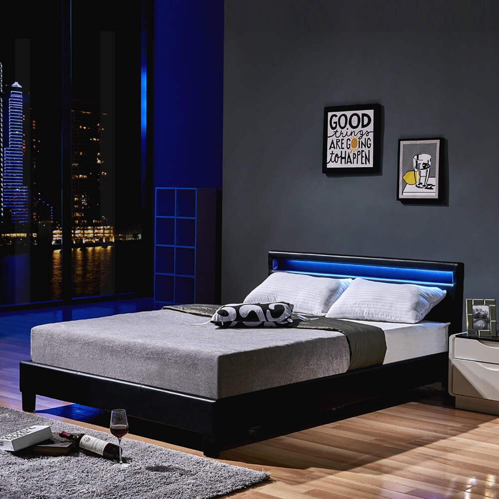 Home Deluxe LED Bett ASTRO mit Matratze - Farbe: schwarz, Größe: 140 x 200 cm, Ausführung: mit Matratze