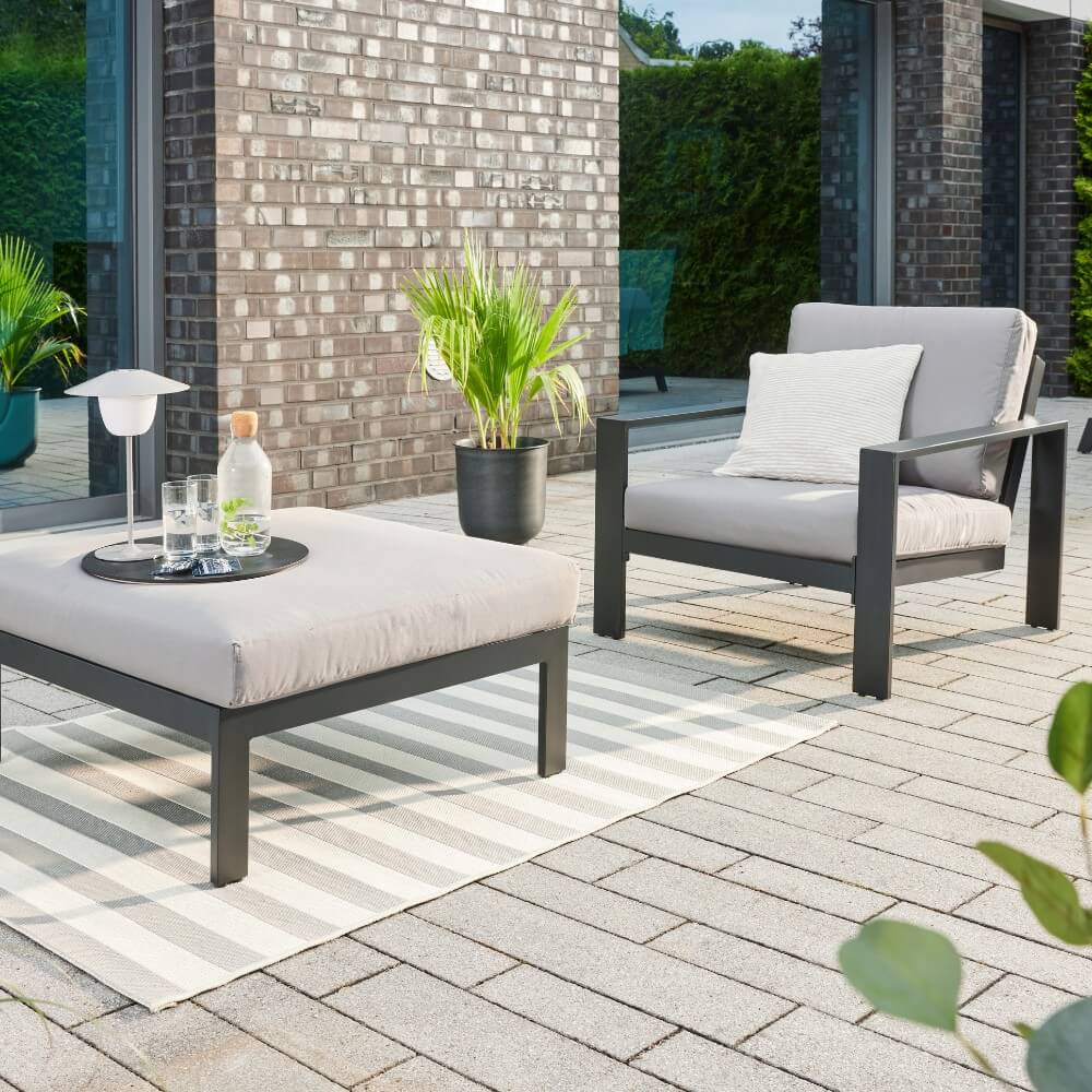 Home Deluxe Gartenlounge Aluminium RIO - - Schwarz, Größe S - bestehend aus 1x Hocker, 1x Sessel - inkl. Kissen I Gartensitzgruppe Lounge Set Balkonmöbel