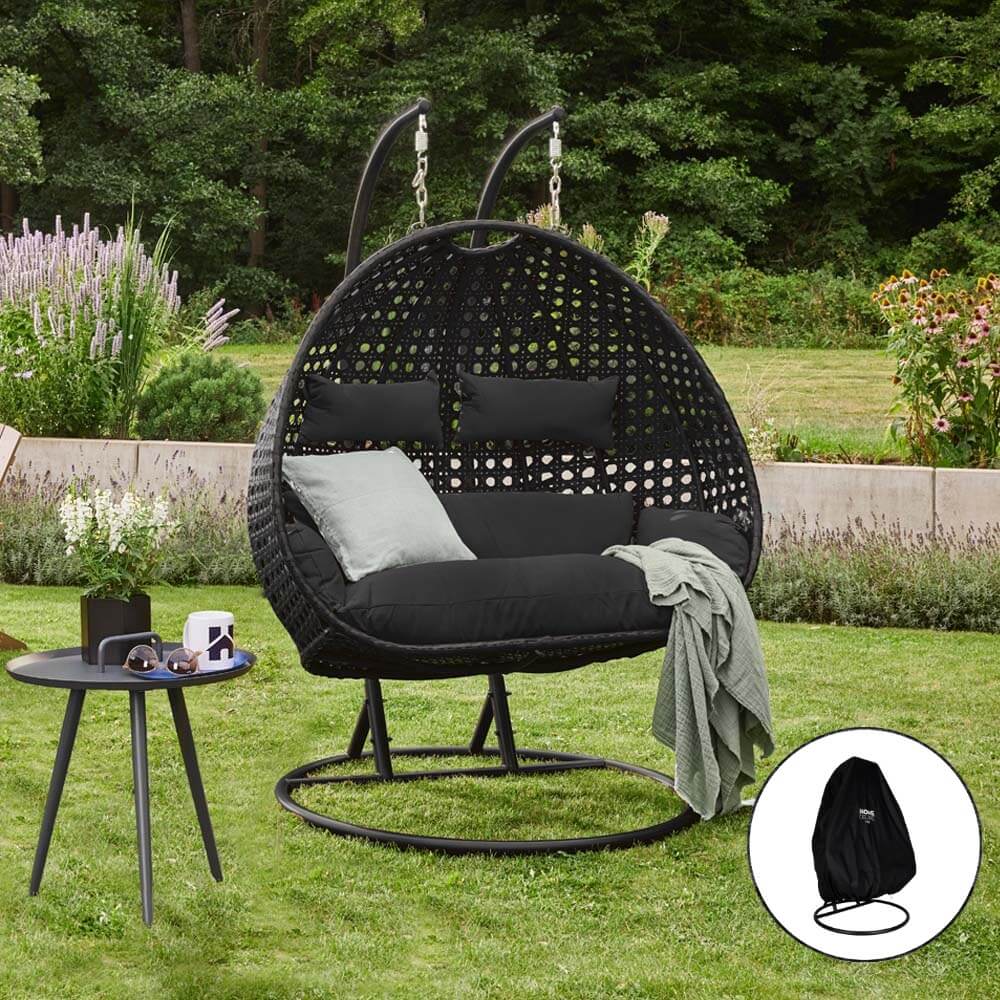 Home Deluxe Polyrattan Hängesessel TWIN - Schwarz mit Regenabdeckung