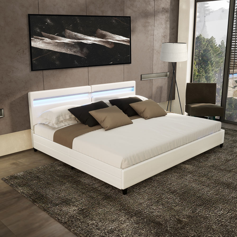 Home Deluxe LED Bett NUBE mit Schubladen 200 x 200 cm - Farbe: weiß, mit Matratze