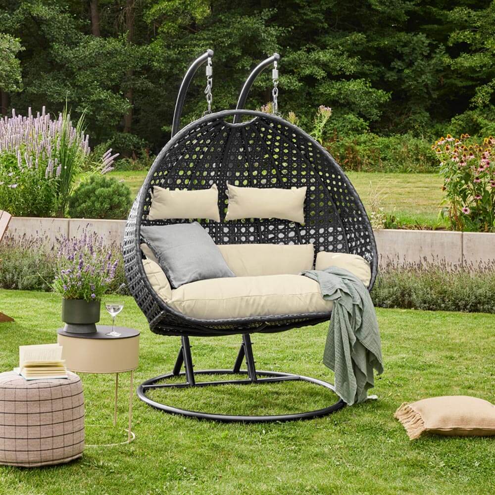 Polyrattan Hängesessel mit Regenabdeckung TWIN DELUXE - Schwarz/Creme für 2 Personen