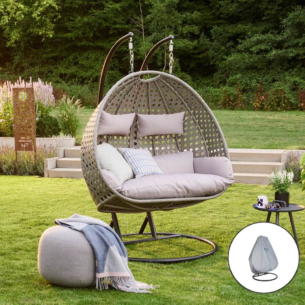 Home Deluxe Polyrattan Hängesessel TWIN - Grau mit Regenabdeckung