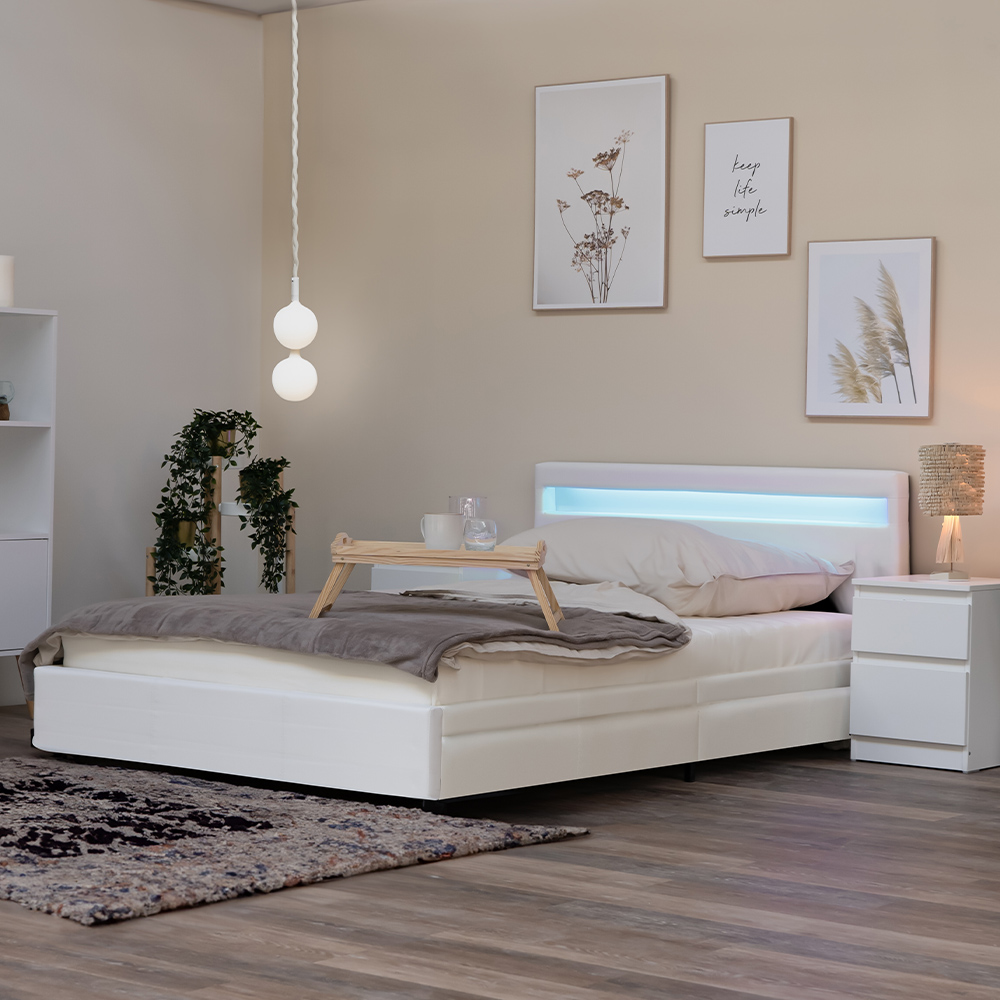 Home Deluxe LED Bett NUBE mit Schubladen - 140 x 200 cm Weiß