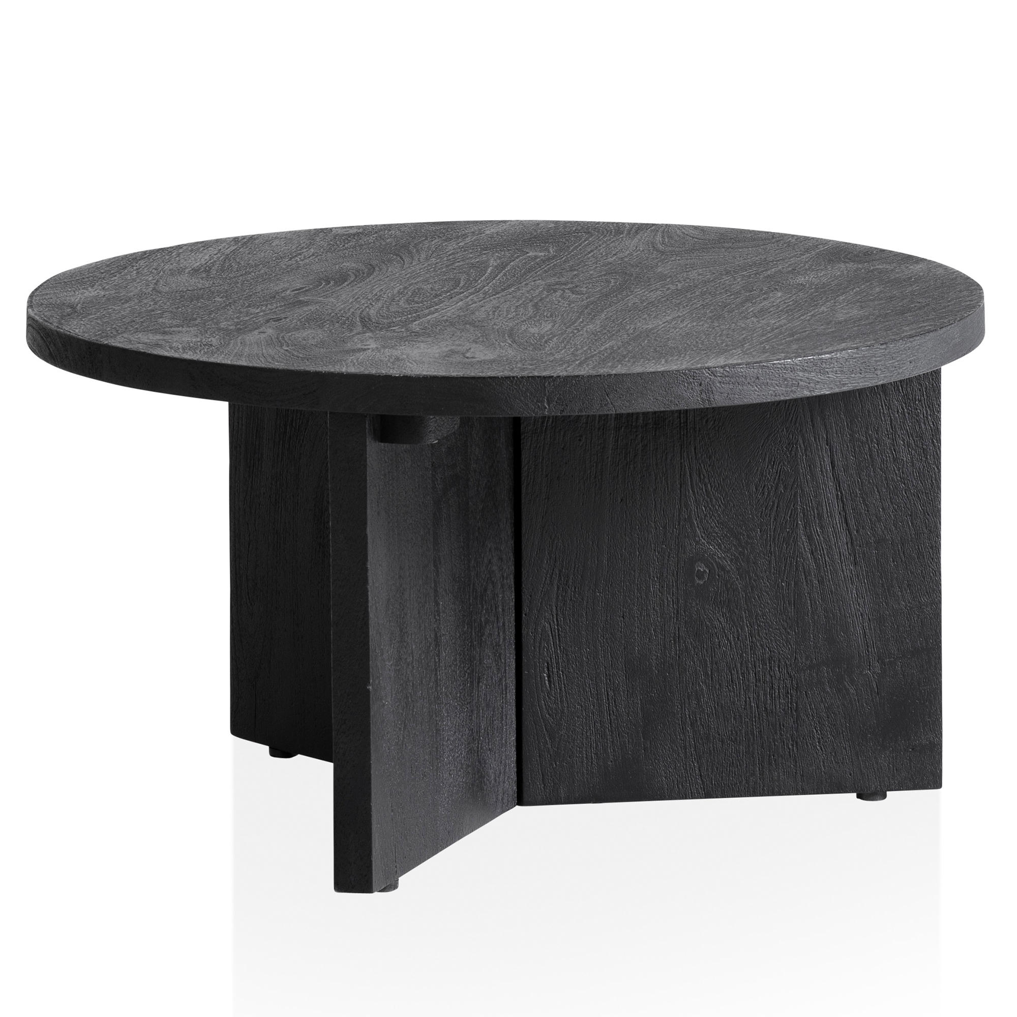 FineBuy Couchtisch Mango Massivholz rund Ø 60 cm Schwarz · Moderner Wohnzimmertisch mit strukturierter Oberfläche · Handgefertigter Sofatisch mit markantem Holzgestell
