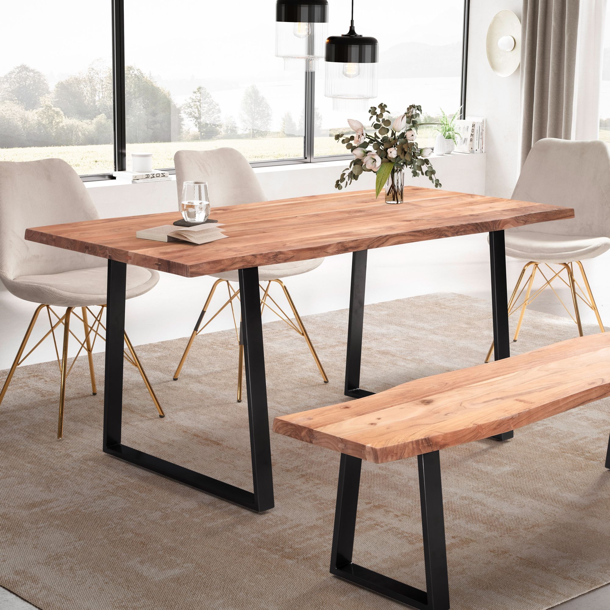 FineBuy Esszimmertisch 120cm rechteckig Massivholz Akazie Baumkante - Industrial Esstisch Baumstamm Massiv Echtholz - Küchentisch - Baumkantentisch mit schwarzem Kufengestell