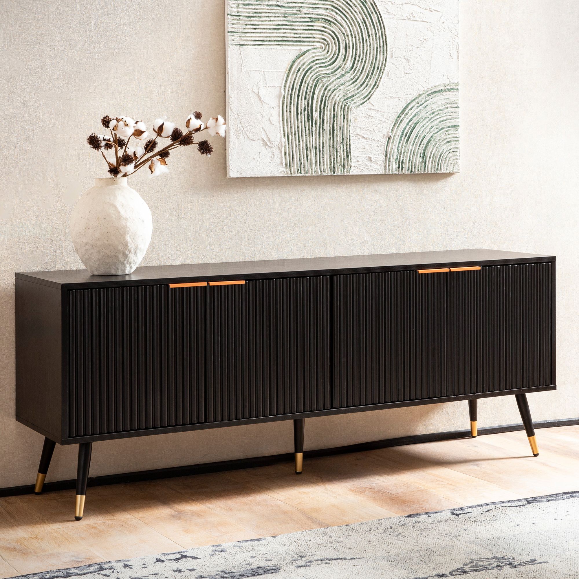 FineBuy Lowboard Schwarz mit Eiche-Dekor 150x60x39 cm TV-Kommode Modern, Design TV-Schrank Hoch, Fernsehtisch Fernsehschrank mit Türen, Fernsehkommode Wohnzimmer
