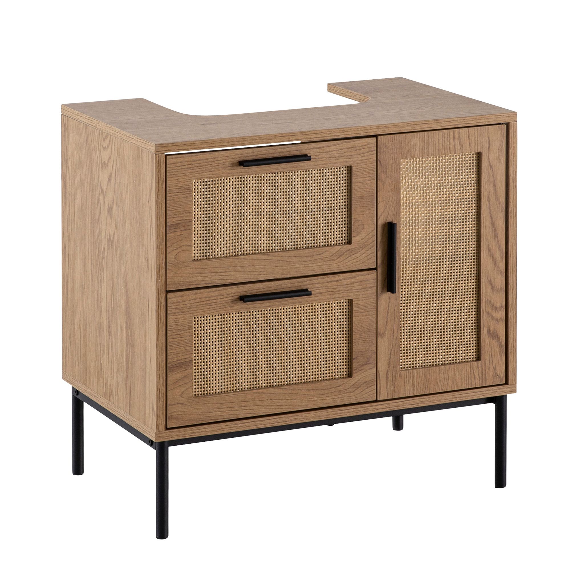 FineBuy Waschbeckenunterschrank Eiche-Optik 60x60x40 cm mit Tür und Schubladen, Badezimmerschrank mit Rattangeflecht, Unterschrank Stehend, Badschrank Midischrank Klein Waschtisch