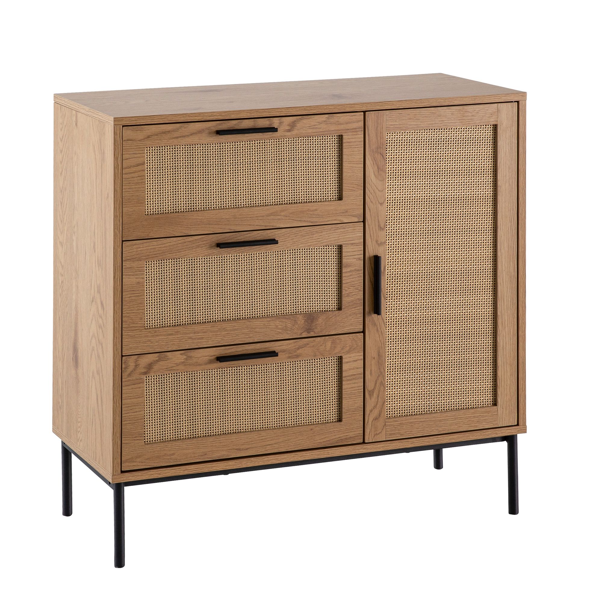 Kommode in Eiche Dekor 80 cm Sideboard mit 3 Schubladen & 1 Tür aus Wiener Rattan Geflecht Design Highboard - Schubladenkommode