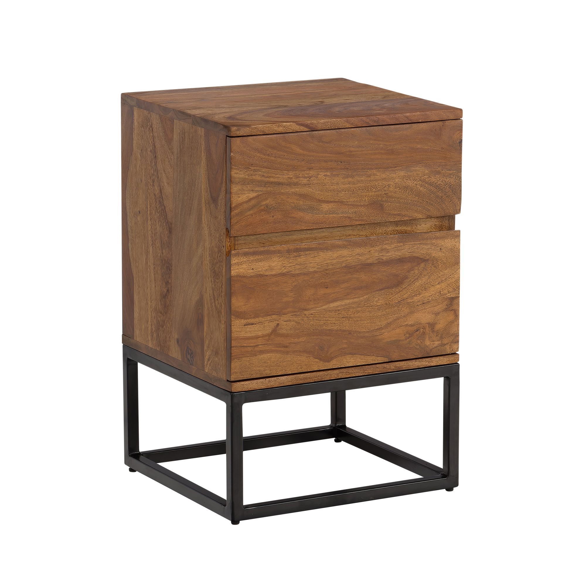 FineBuy Nachttisch Sheesham Massivholz mit Metallgestell und 2 Schubladen – Nachtkonsole im Industrial Design für Schlafzimmer – Nachtkästchen für Boxspringbett 40x38x60 cm