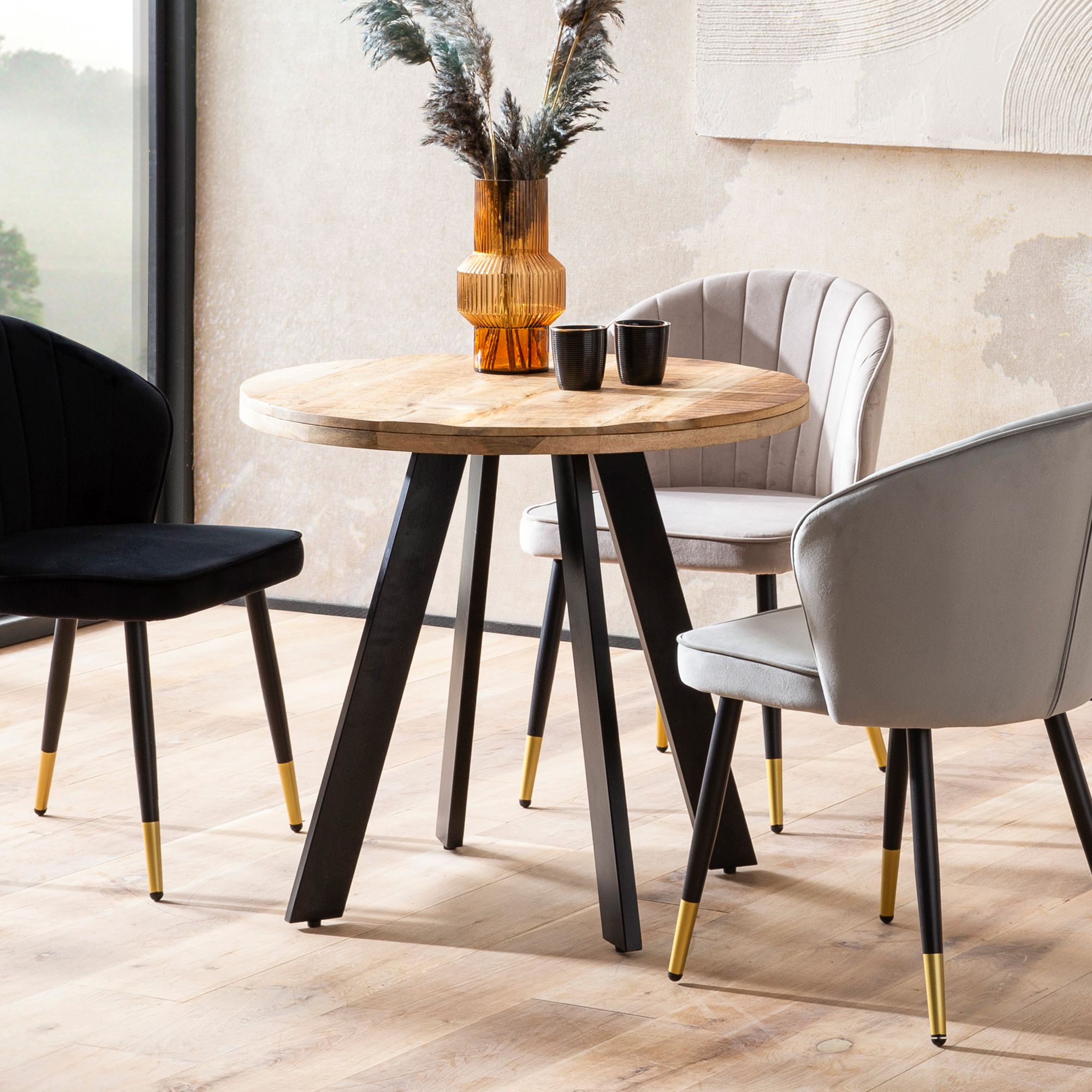 FineBuy Esstisch rund Ø 80 cm Mango Massivholz – Moderner Küchentisch mit Metallbeinen, Design Holztisch für 3 Personen, kleiner Esszimmertisch im Industrial Stil