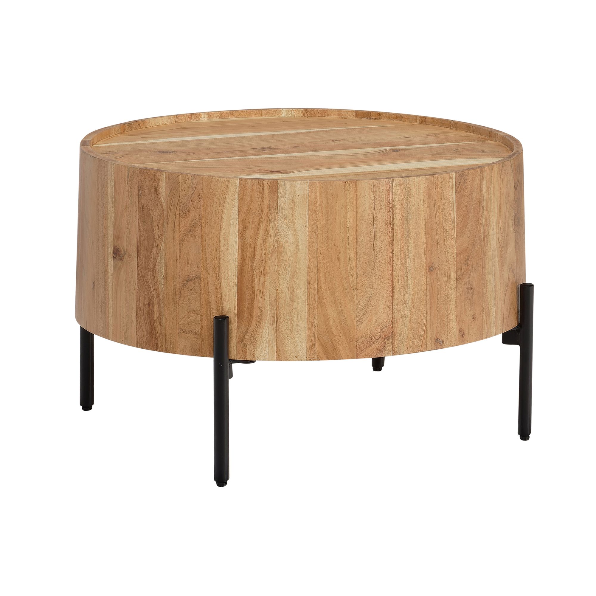 FineBuy Couchtisch Akazie Massivholz rund 60 cm · Wohnzimmertisch in Trommelform mit schwarzen Metallfüßen · Handgefertigter moderner Industrial Design Tisch