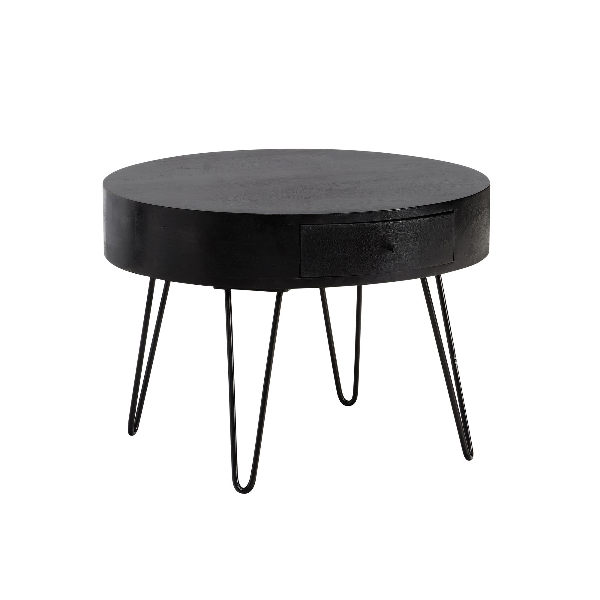 FineBuy Couchtisch Mango Massivholz Schwarz rund Ø 60 cm – Wohnzimmertisch mit Schublade & schwarzen Hairpin Beinen | Retro Design Holztisch handgefertigt
