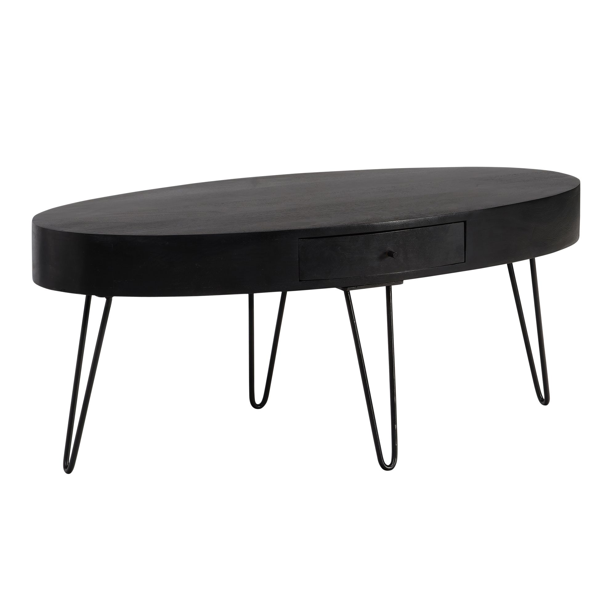 FineBuy Couchtisch 100cm oval Mango Massivholz schwarz · Wohnzimmertisch mit Schublade und Hairpin Beinen · Moderner Massivholztisch im Industrial Design mit Metallgestell
