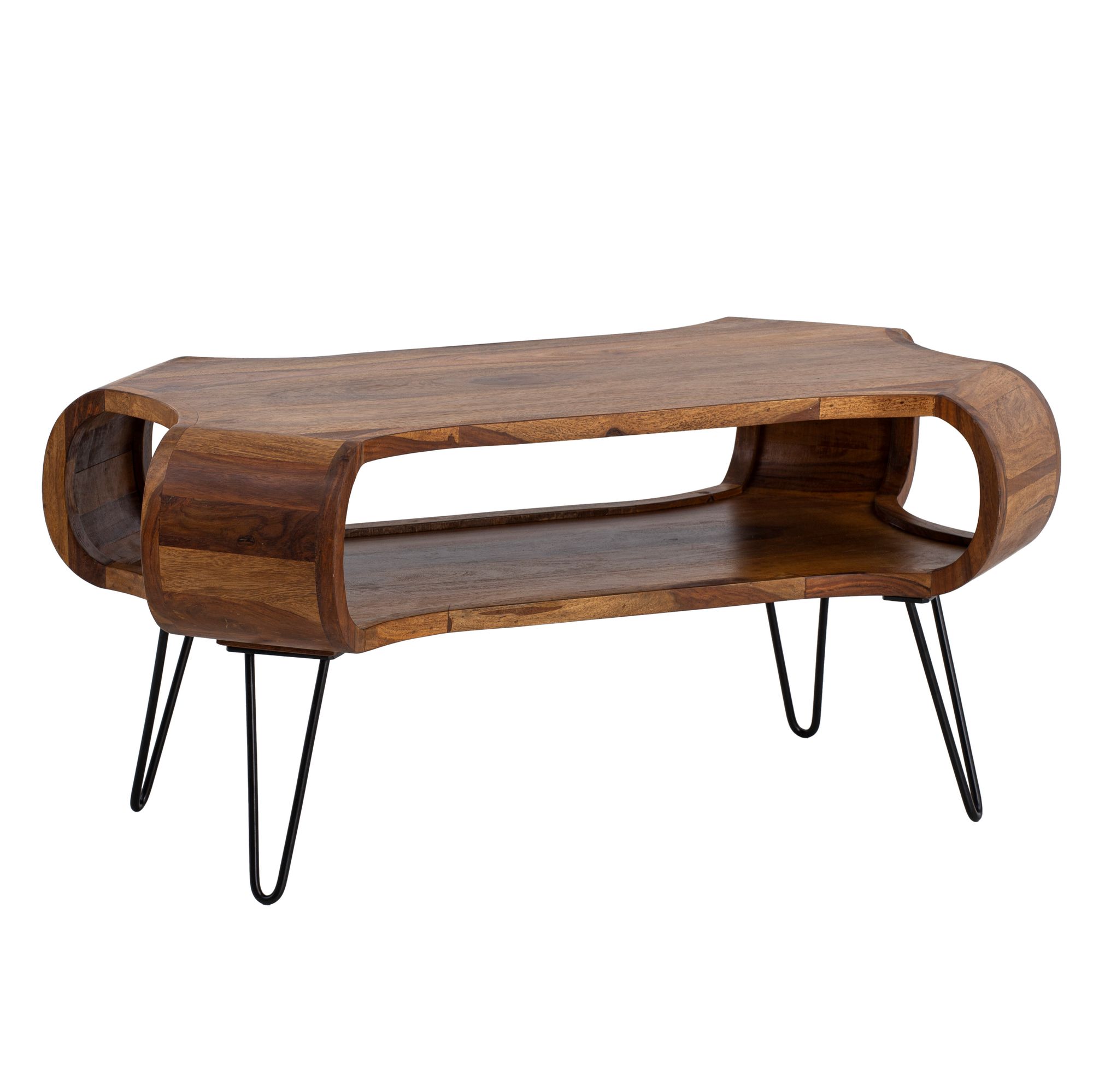 FineBuy Couchtisch 100x60x47 cm Sheesham Massivholz Metall Sofatisch, Design Wohnzimmertisch Rechteckig mit Stauraum, Kaffeetisch Massiv, Großer Tisch Wohnzimmer mit Haarnadelbeine