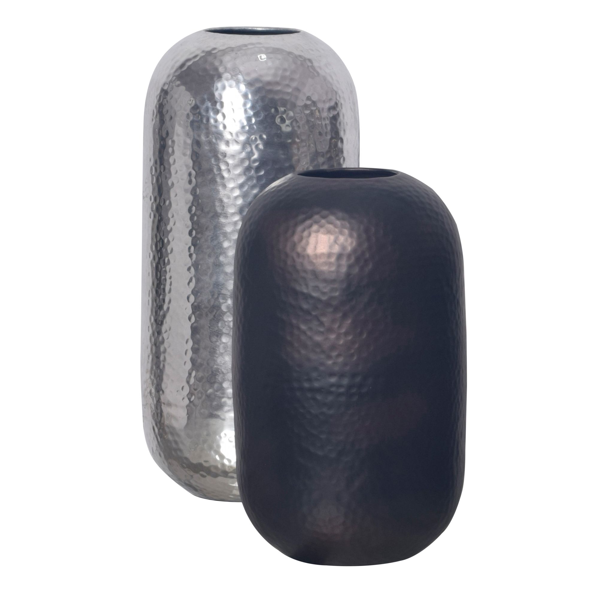 FineBuy Deko Vase 2er Set Aluminium Silber Schwarz-Bronze Blumenvase Modern, Dekovase Hammerschlag Rund 2-teilig Metall für Blumen, Alu Tischvase Zylinder Wohndeko Tischdeko Handgefertigt