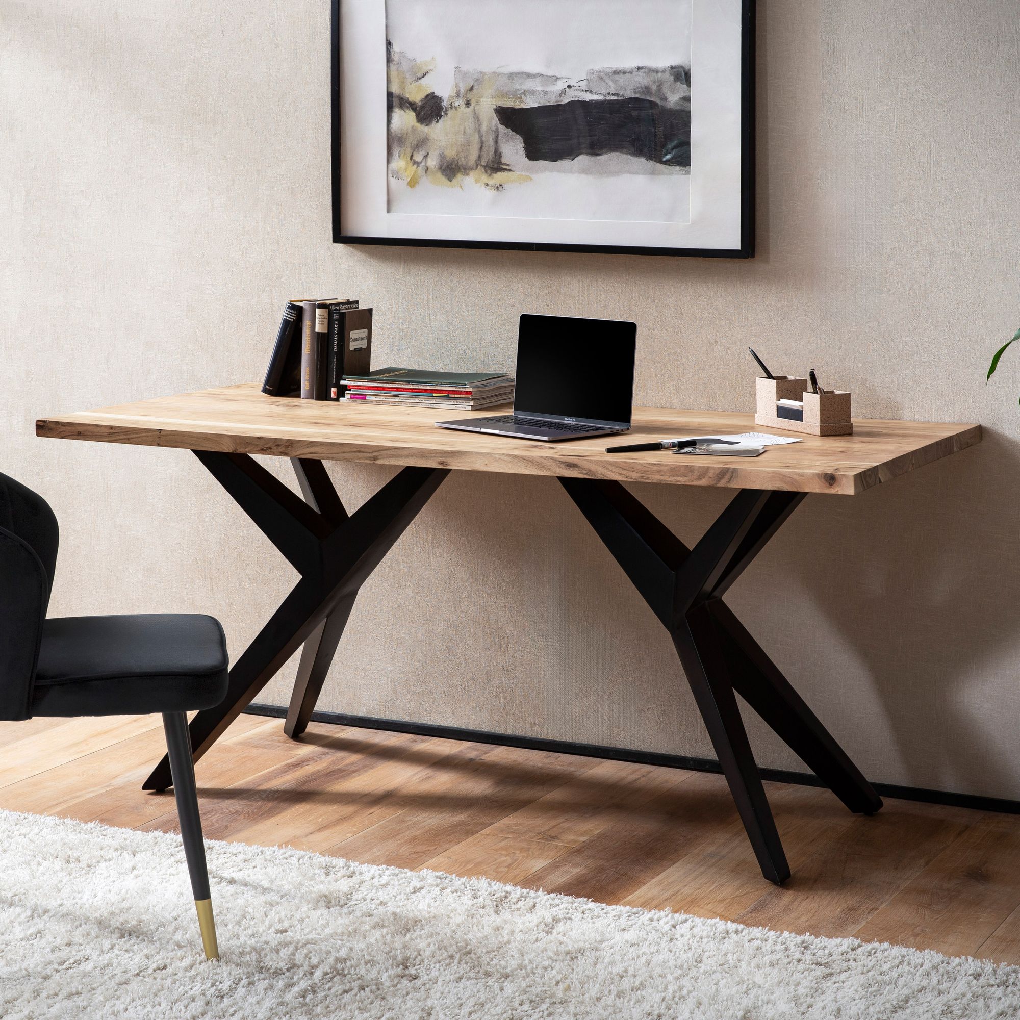 FineBuy Schreibtisch Akazie Massivholz Computertisch Loft-Style, Homeoffice Bürotisch mit Metallbeinen, Holztisch Industrial Groß, Laptoptisch Arbeitszimmer Rechteckig