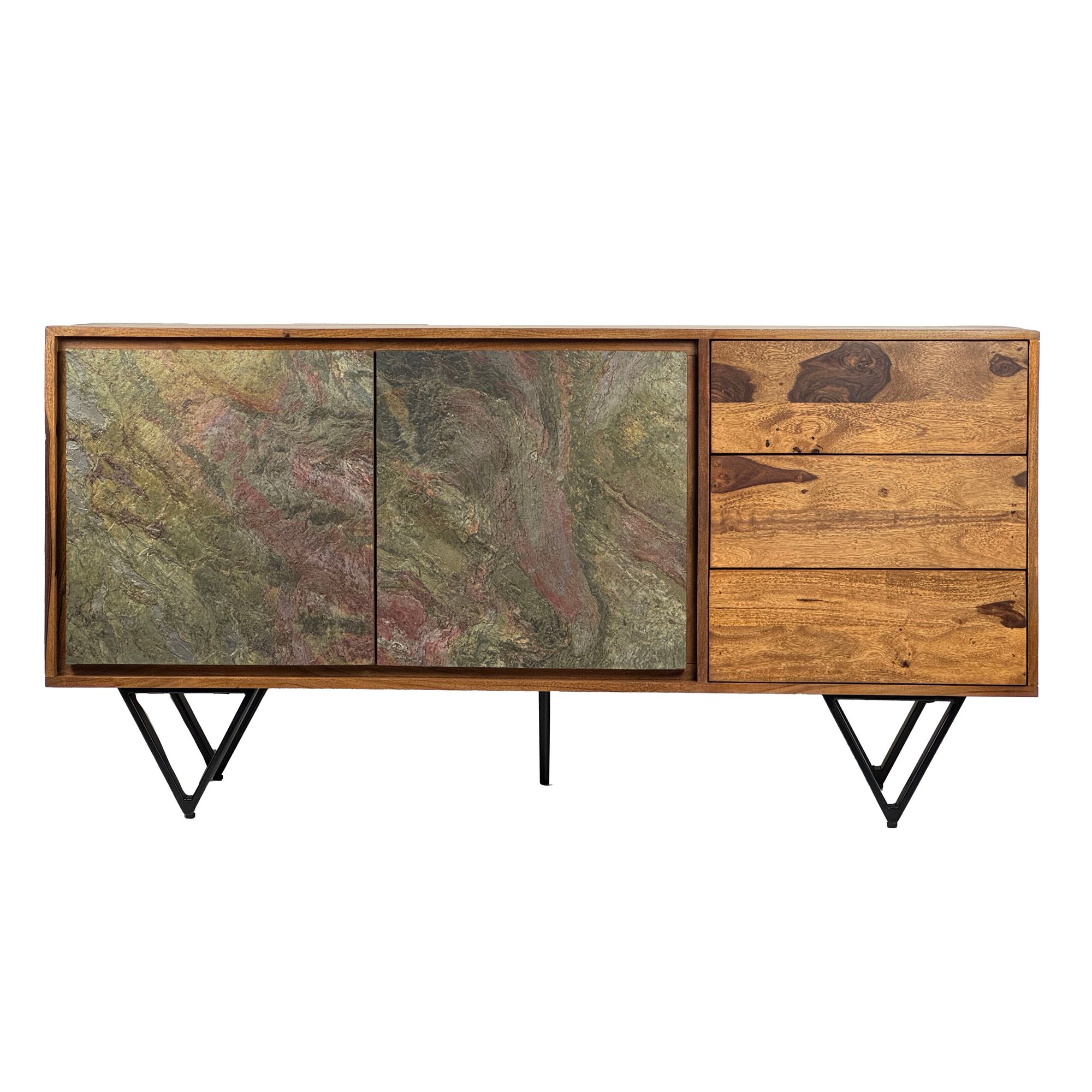 FineBuy Sideboard Sheesham Massivholz 150x40x55 cm, Kommode mit 2 Türen & 3 Schubladen, Stauraum Anrichte mit Fronten in 3D Steinoptik, Design Möbel Wohnzimmer Esszimmer