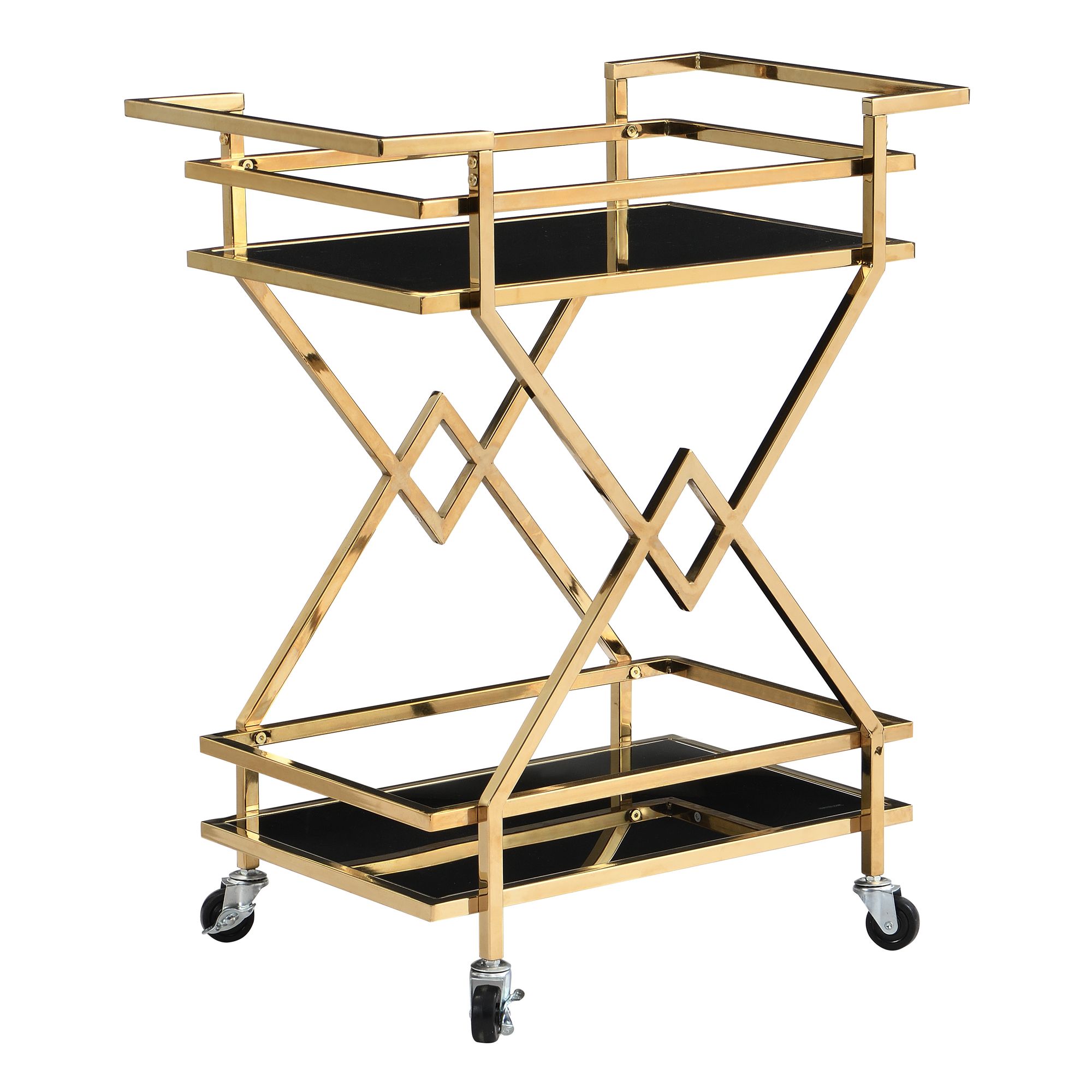 FineBuy Servierwagen Gold mit Glasablagen 65x80x40 cm, Moderner Barwagen auf Rollen, Design Getränkewagen & Teewagen Metall Schwarz Gold für Wohnzimmer Küche Esszimmer Rollwagen Multifunktional