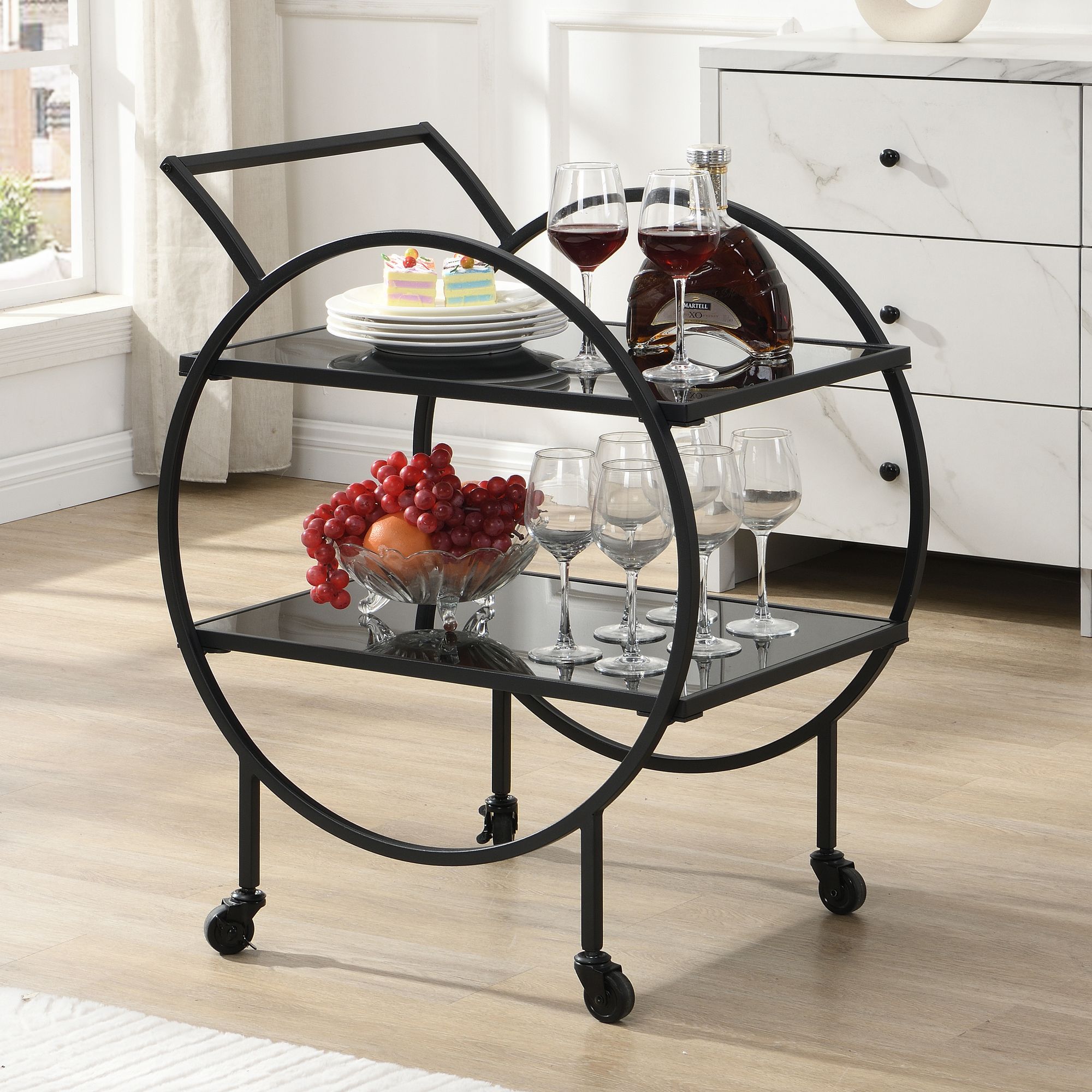 FineBuy Design Servierwagen mit Rollen & Bremse, 2 offenen Ebenen mit schwarzem Glas, Barwagen, Teewagen, Rollwagen Multifunktional, Küchenwagen für Esszimmer, Küche, Bar