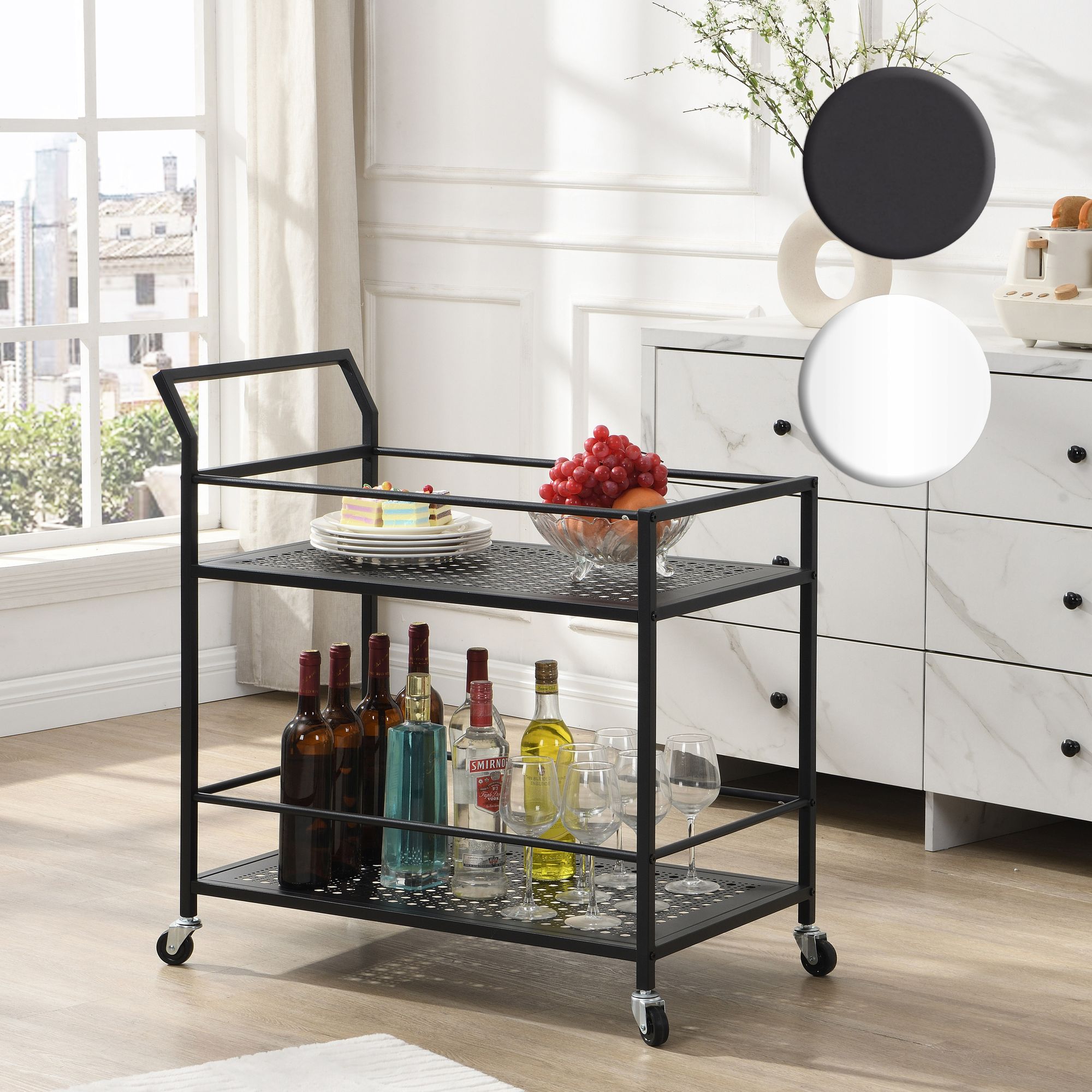 FineBuy Servierwagen Metall 79x45x83 cm mit Rollen & Bremsen, Küchenwagen 2 Ebenen, Barwagen & Rollwagen Multifunktional Modern, Beistellwagen für Küche, Esszimmer, Wohnzimmer