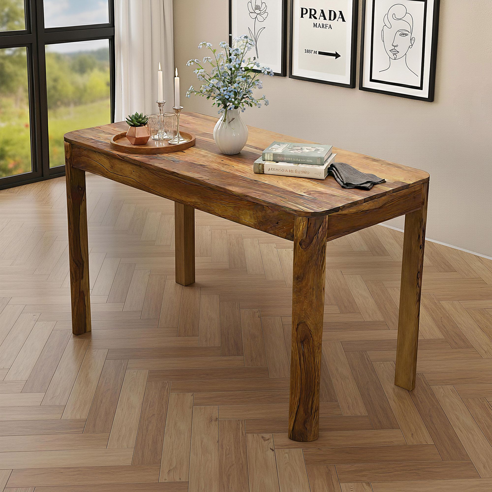 FineBuy Esstisch Sheesham Massivholz 120cm für bis zu 6 Personen · Rechteckiger Esszimmertisch im Landhaus Design · Handgefertigter Küchentisch mit abgerundeten Kanten für Esszimmer oder Küche