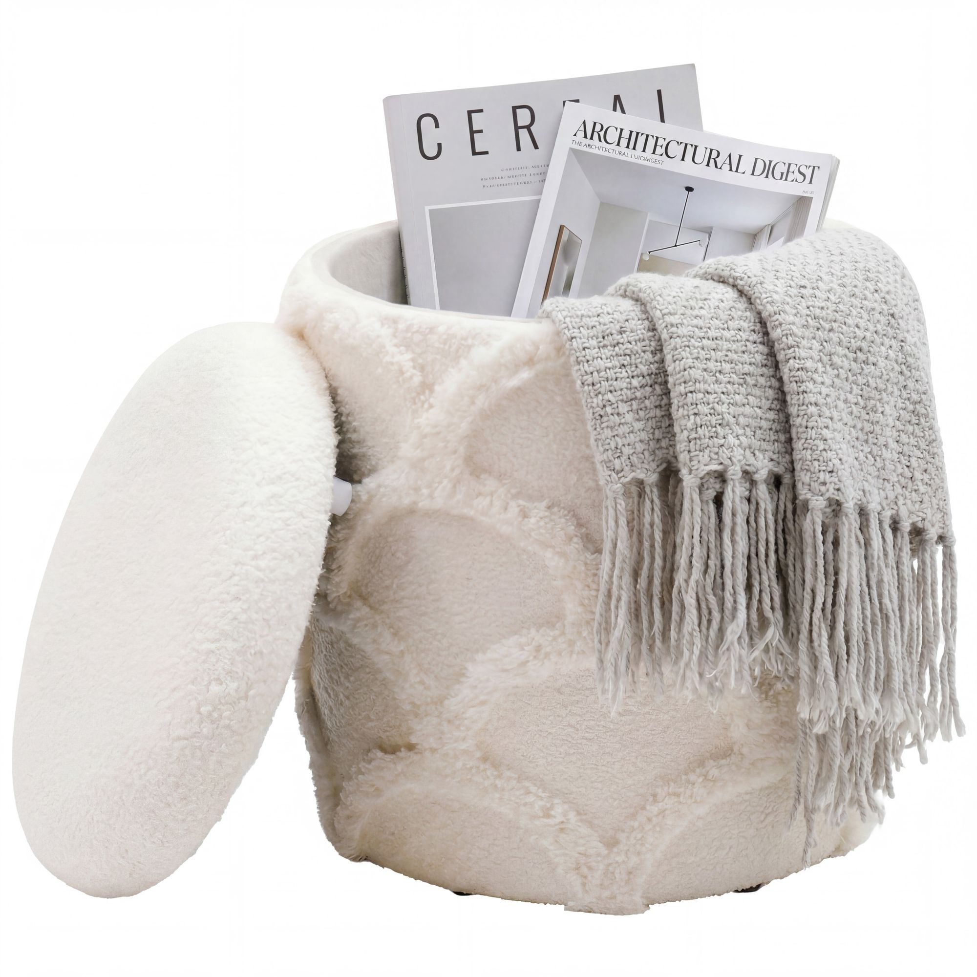 FineBuy Sitzhocker mit Stauraum aus Teddy Stoff 40cm Creme Weiß Rund - Design Boho Stoffhocker mit abnehmbarem Deckel - Polsterhocker Schminktisch Hocker - Beistellhocker für Wohnzimmer Handmade