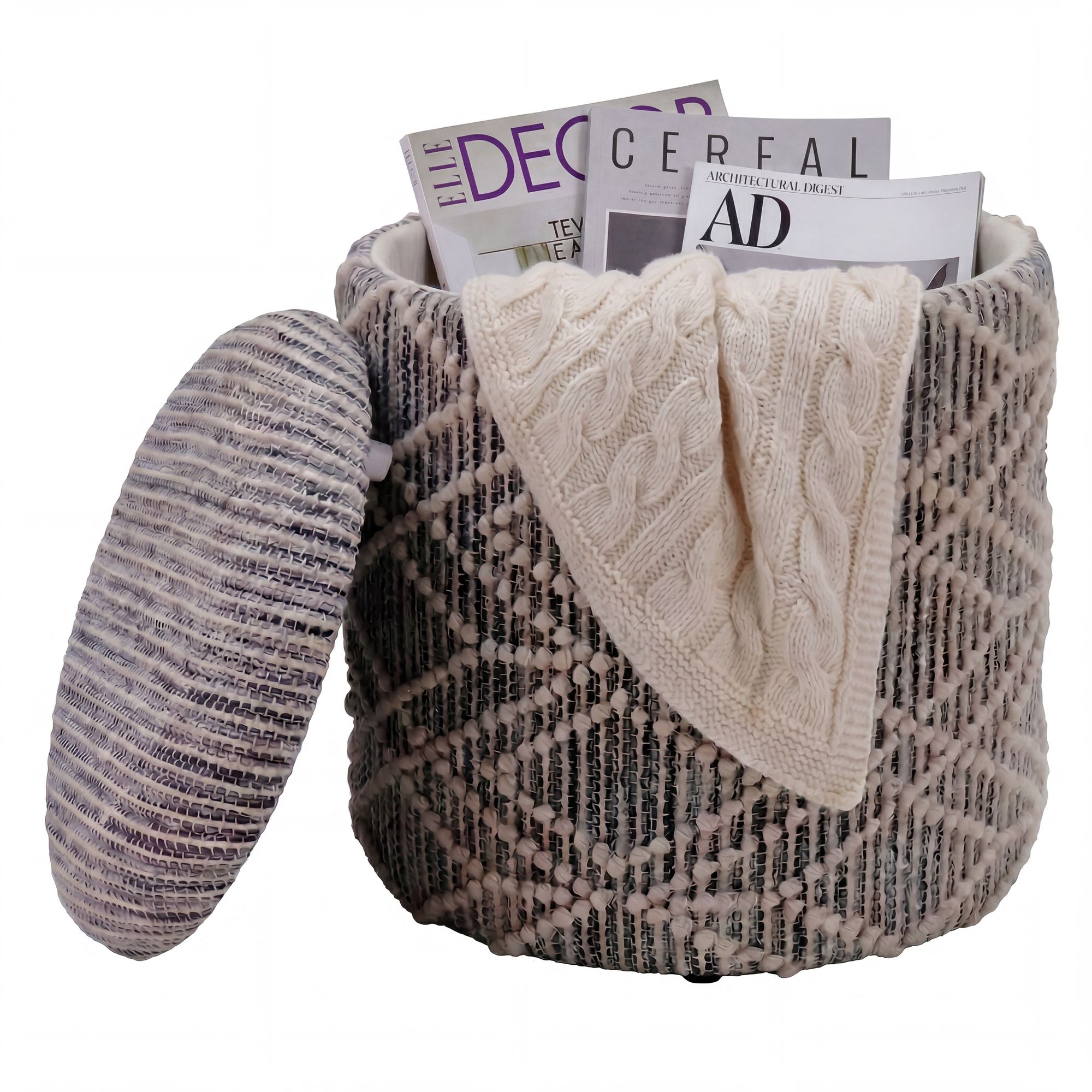 FineBuy Sitzhocker mit Stauraum aus Stoff 40cm Grau Rund - Design Boho Stoffhocker mit abnehmbarem Deckel - Polsterhocker Schminktisch Hocker - Beistellhocker für Wohnzimmer Handmade