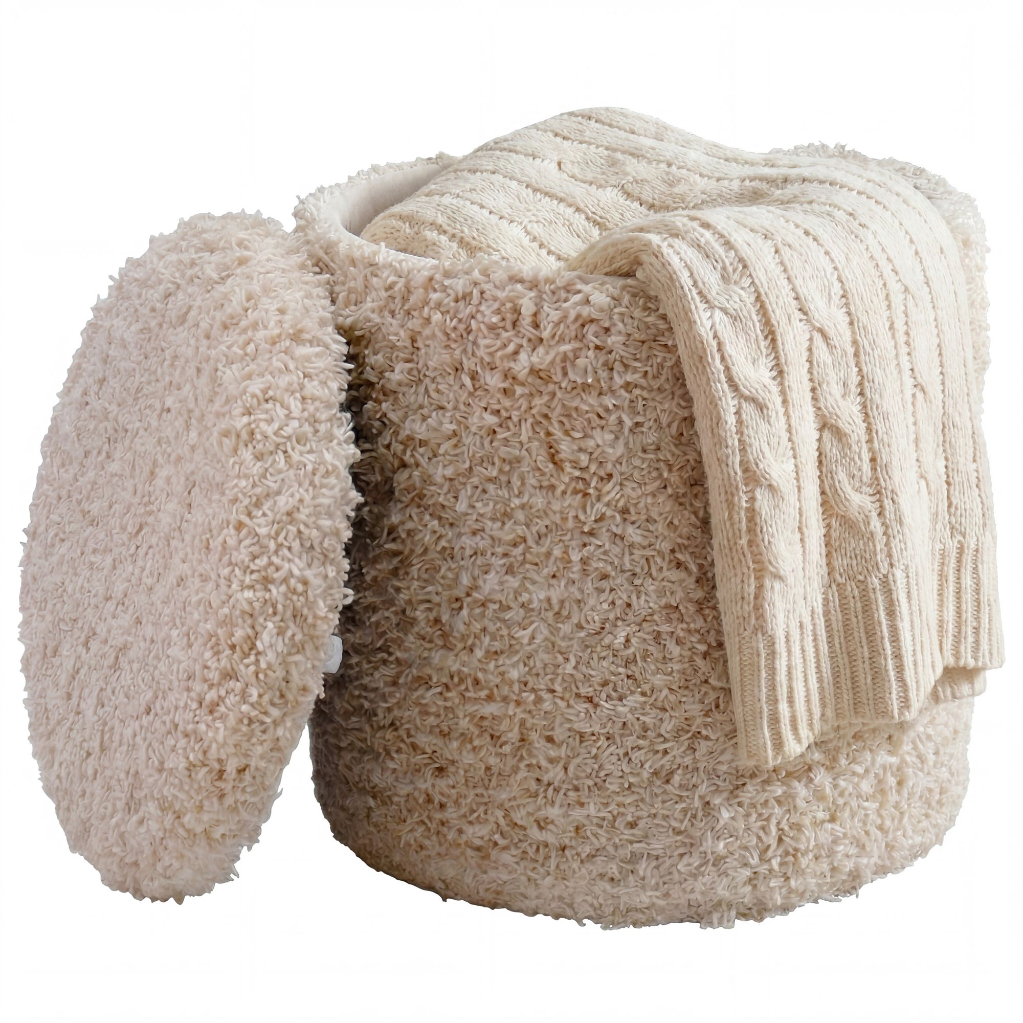 FineBuy Sitzhocker mit Stauraum aus Wolle 40cm Beige Stoff Rund - Design Boho Stoffhocker mit abnehmbarem Deckel - Polsterhocker Schminktisch Hocker - Beistellhocker für Wohnzimmer Handmade