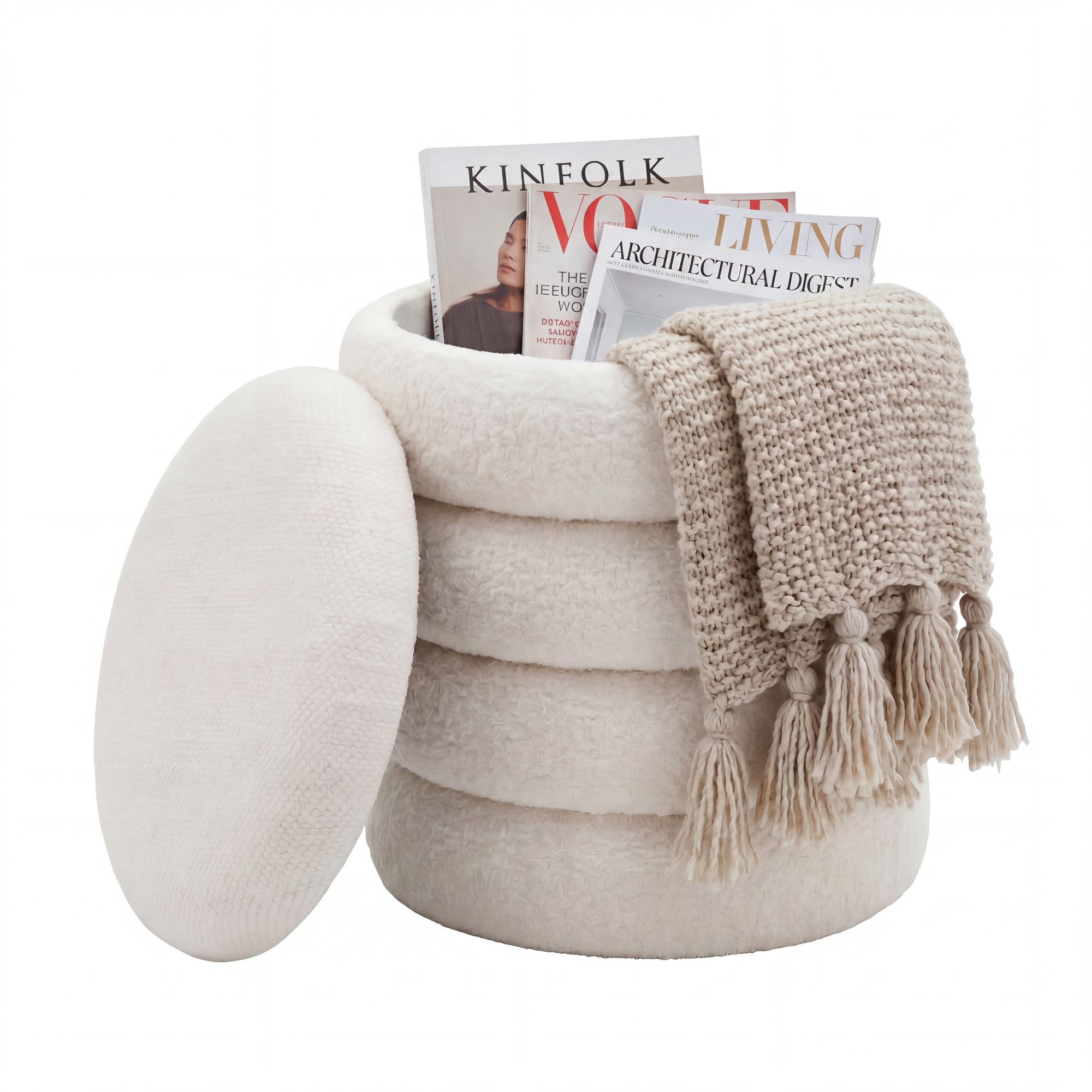 FineBuy Sitzhocker mit Stauraum aus Teddy Stoff 40cm Creme Rund - Design Boho Stoffhocker mit abnehmbarem Deckel - Polsterhocker Schminktisch Hocker - Beistellhocker für Wohnzimmer Handmade