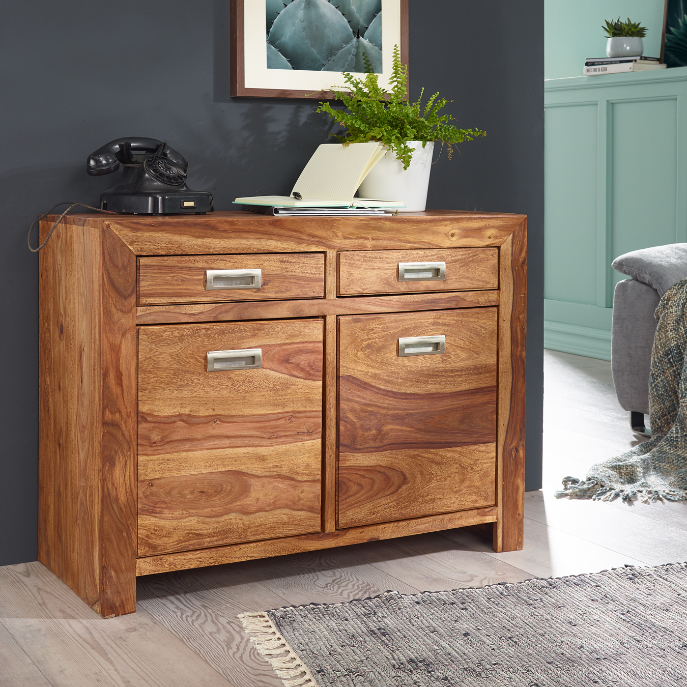 Massivholz Sideboard FineBuy 90cm Sheesham Kommode mit 2 Türen & 2 Schubladen