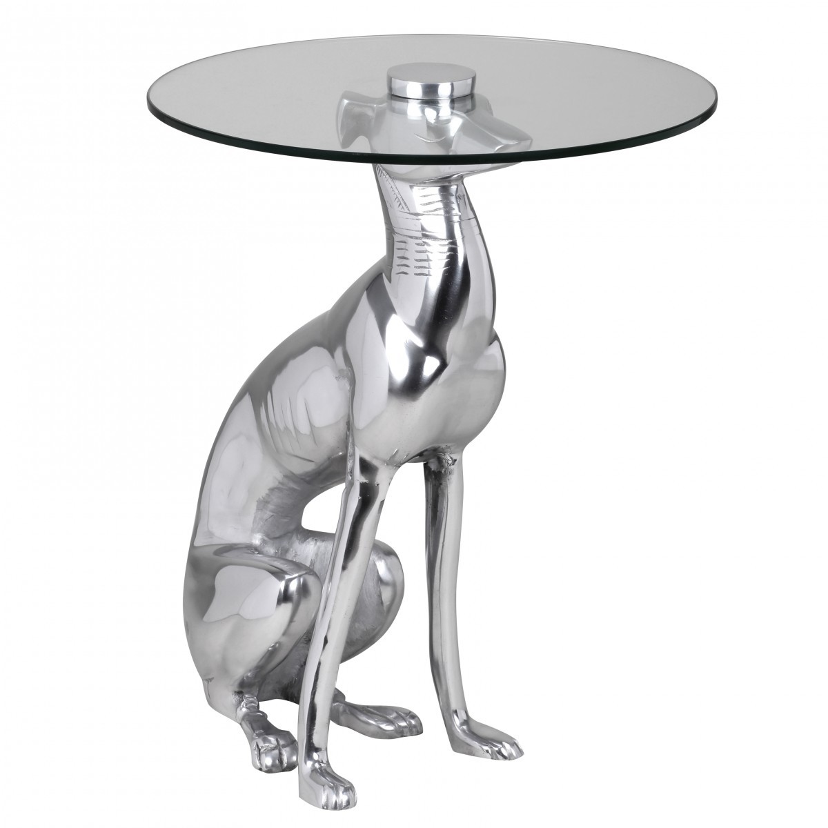 FineBuy Design Beistelltisch Ø40cm Runder Couchtisch Hund 50 cm Hoch Aluminium Tierfigur Ausgefallener Wohnzimmertisch Silber Deko Tisch