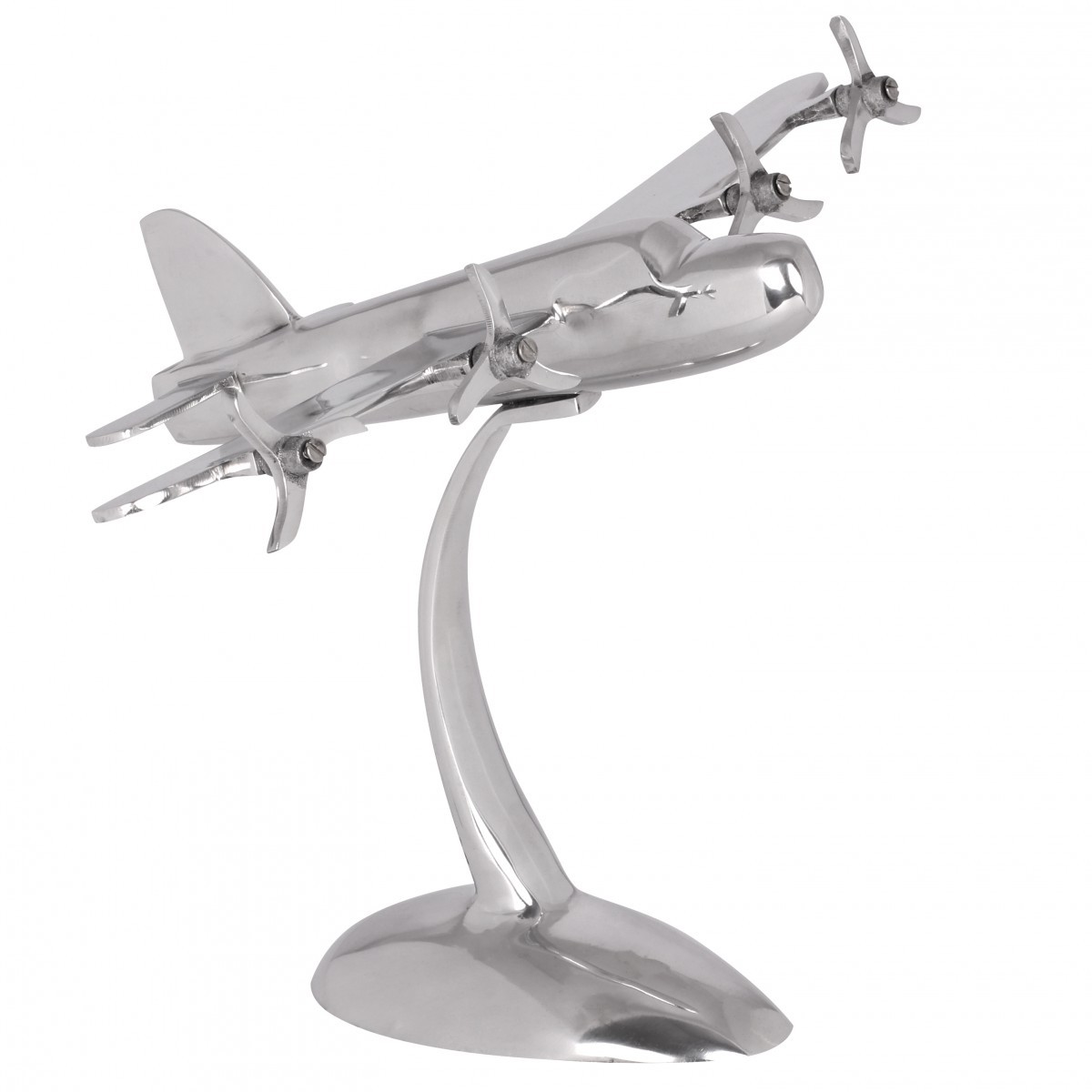 FineBuy Design Deko Propeller Flugzeug 42 x 30 x 30 cm Silbern aus Aluminium, Alu Flieger Geschenk-Idee Tisch-Dekoration mit Standfuß