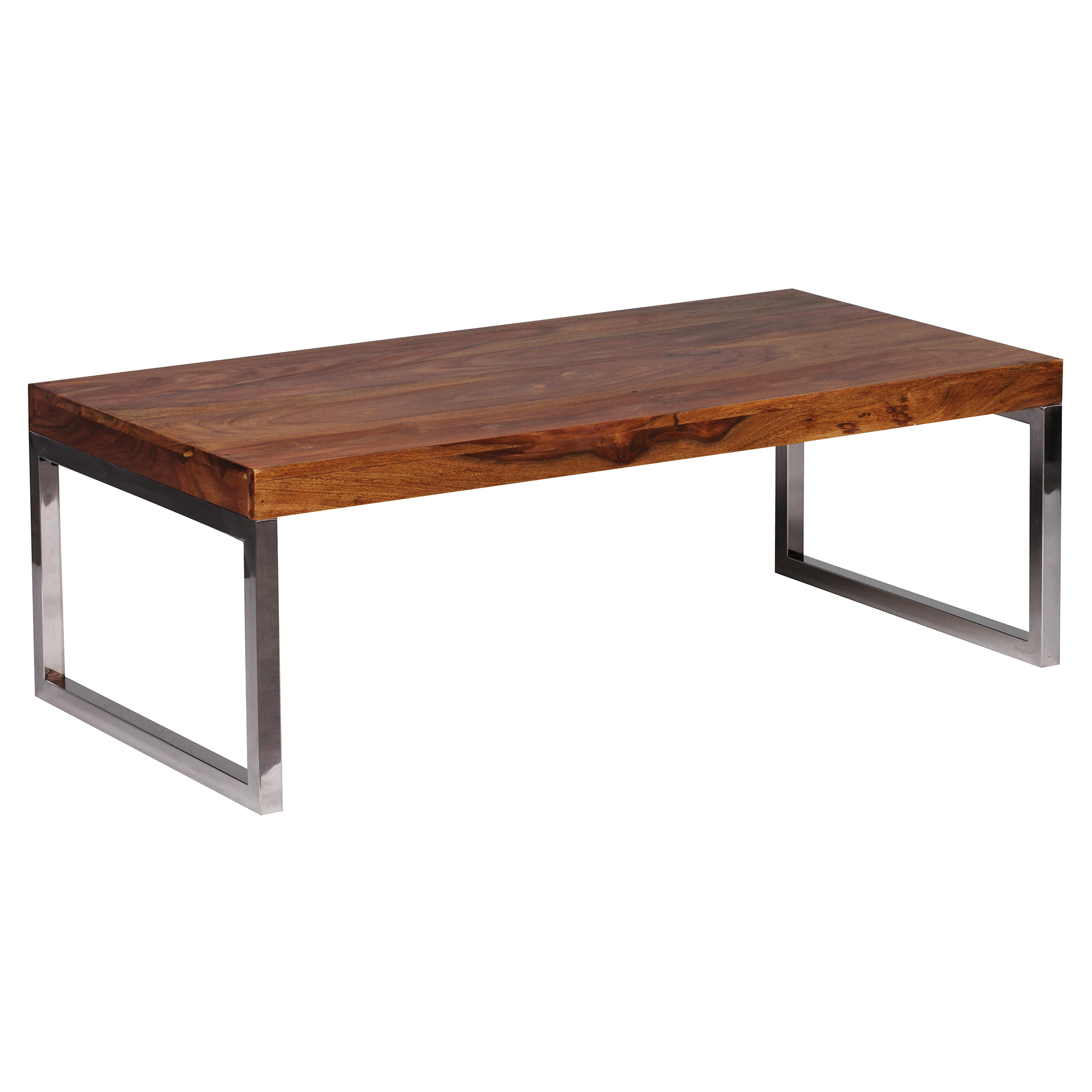 FineBuy Couchtisch Massivholz 120cm · Rechteckiger Wohnzimmertisch mit verchromtem Kufengestell · Handgefertigter Sofatisch im modernen Industrial Design