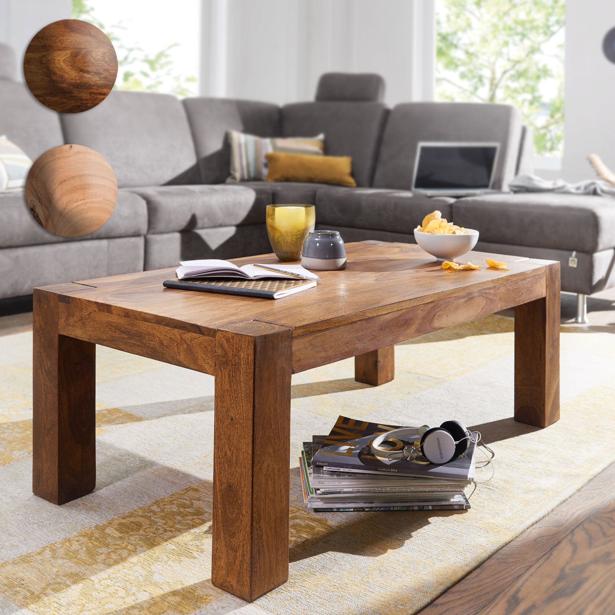 FineBuy Couchtisch PATAN 110 x 60 x 40 cm Holz Massiv, Massiver Wohnzimmertisch Rechteckig Braun, Beistelltisch Massivholz, Design Holztisch Wohnzimmer