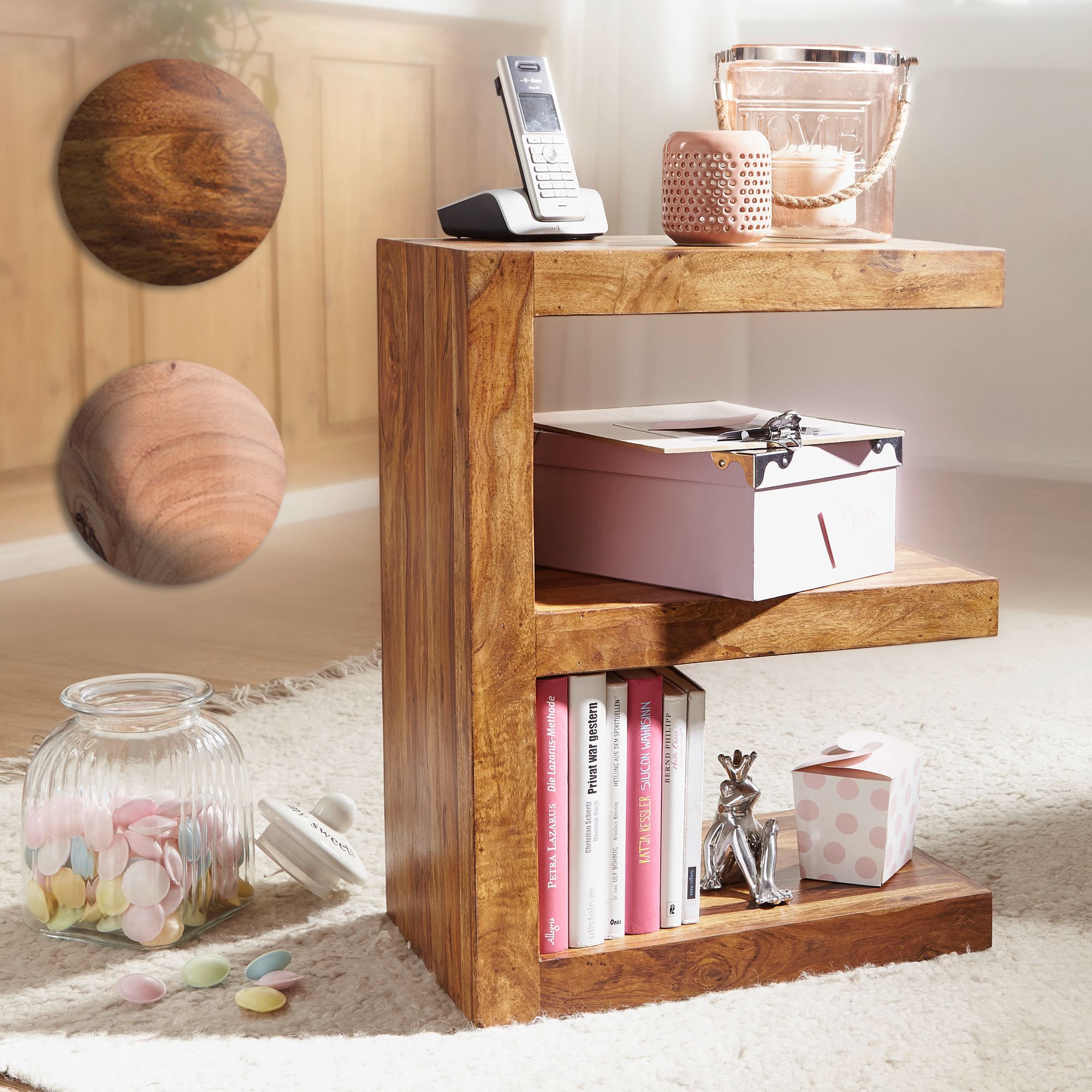 FineBuy Beistelltisch Massivholz E Cube 60cm hoch Wohnzimmer-Tisch Design braun Landhaus Couchtisch Farbe wählbar