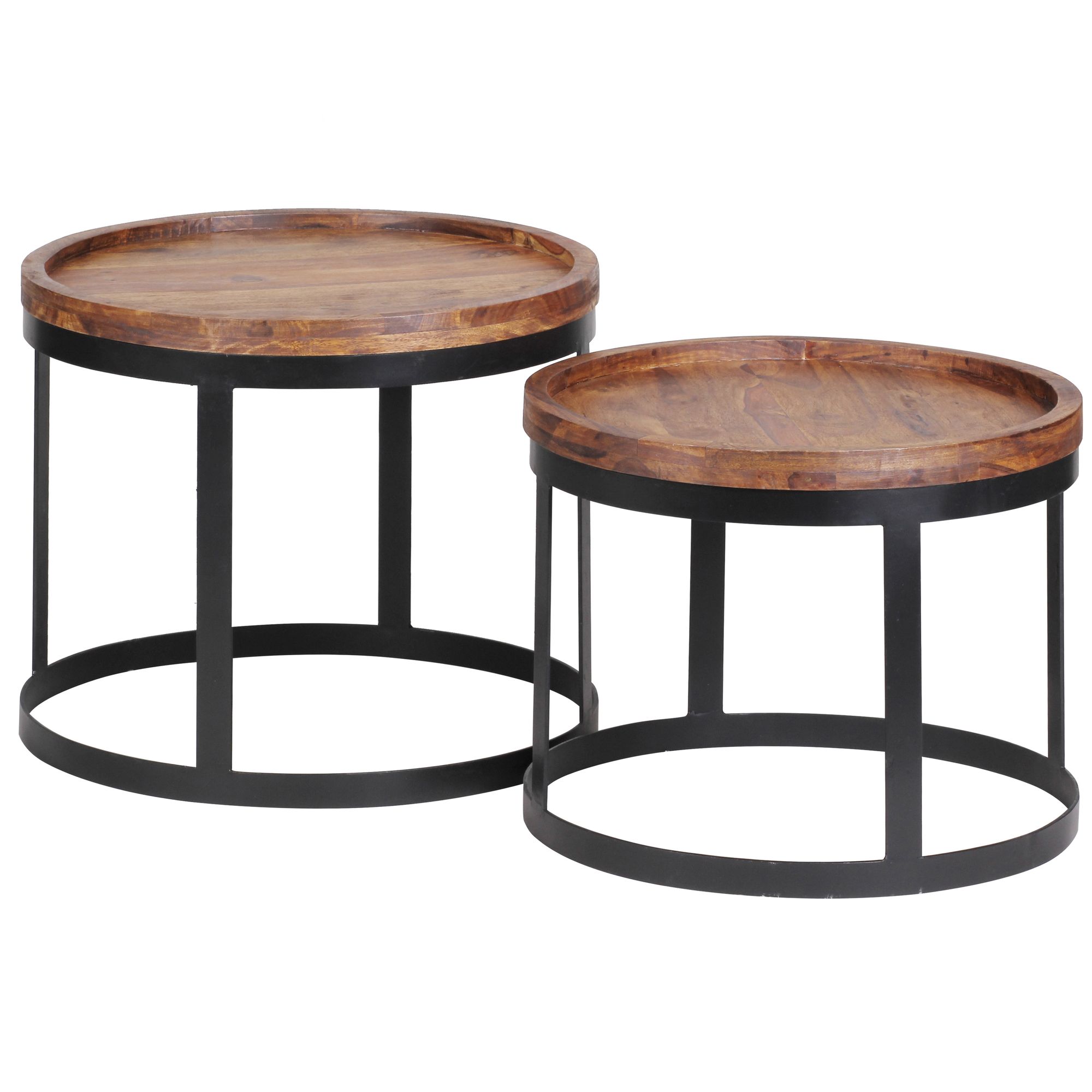 FineBuy Couchtisch 2er Set Massivholz rund · Wohnzimmertisch Set mit schwarzem Metallgestell · Handgefertigte Massivholztische im modernen Industrial Design